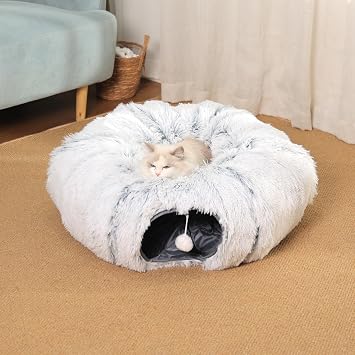Cat Tunnel with Cat Bed for Indoor Cats, Soft Plush Peekaboo Cat Cave Donut Tunnel, Multifunctional Playground Toys Hideplace for Small Medium Large Kittens, Rabbit, Ferret L