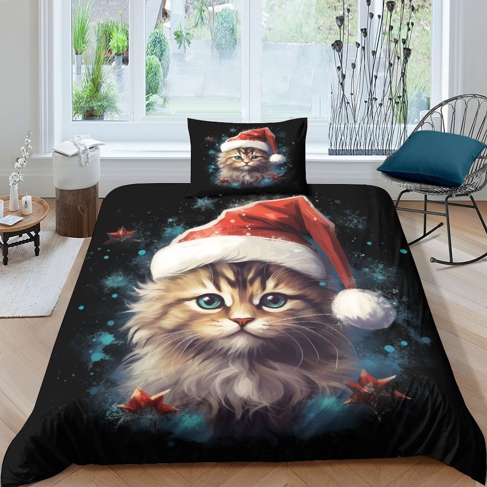 Housse de couette chat 3D 135x200 cm avec taie d'oreiller microfibre
