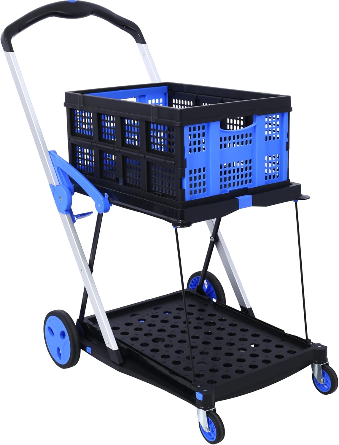 Collapsible 2-Tier Utility Cart with Basket, Heavy-Duty Folding Shopping Cart with 360° Swivel Wheels Foot Brake, Portable Grocery Trolley for Shopping, Travel, and Home Use (Blue)