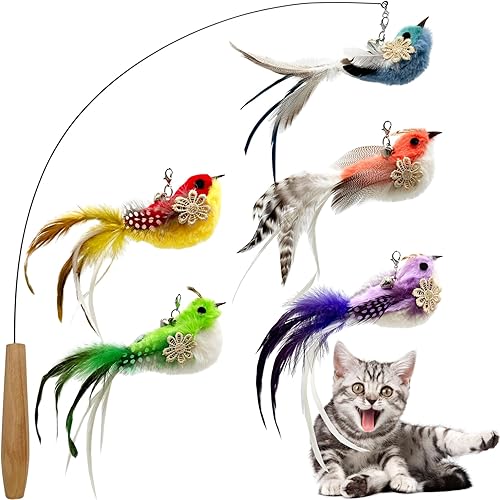 CATENEED Juguete de varita para gatos, 6 piezas de juguetes de plumas para gatos, juguete interactivo para gatos, varita con plumas y recambios de