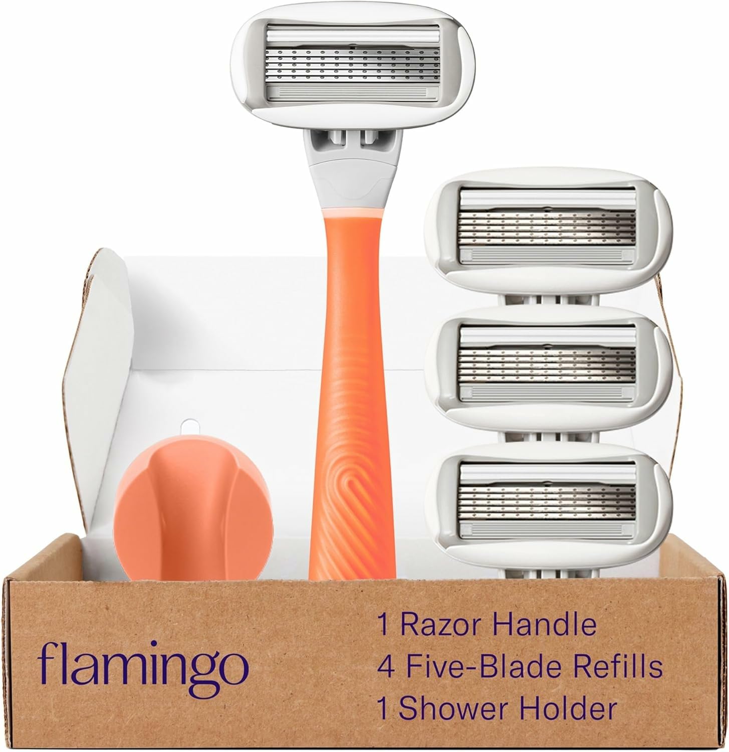 Flamingo Shaving Razor Set for Women - Original Razor Handle, 4 Blade Refills, and Shower Holder - Papaya