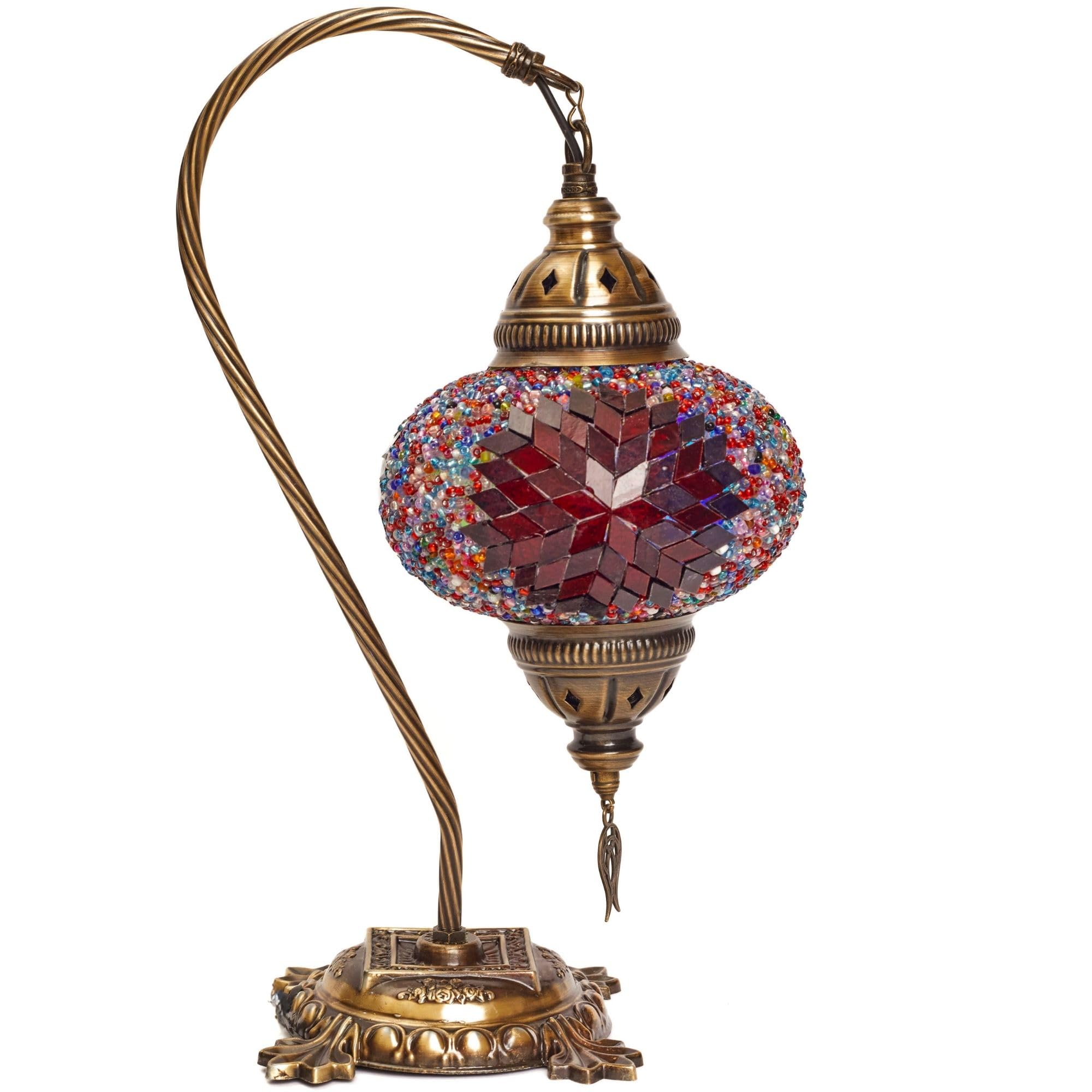 Anatolian Turkish Mosaic Swirl Lamp - Handcrafted 15" Multicolor Artisan Table Lamp, Moroccan Lantern Style, Green Stained Glass, Curved Bronze Base, LED Bulb Not Included