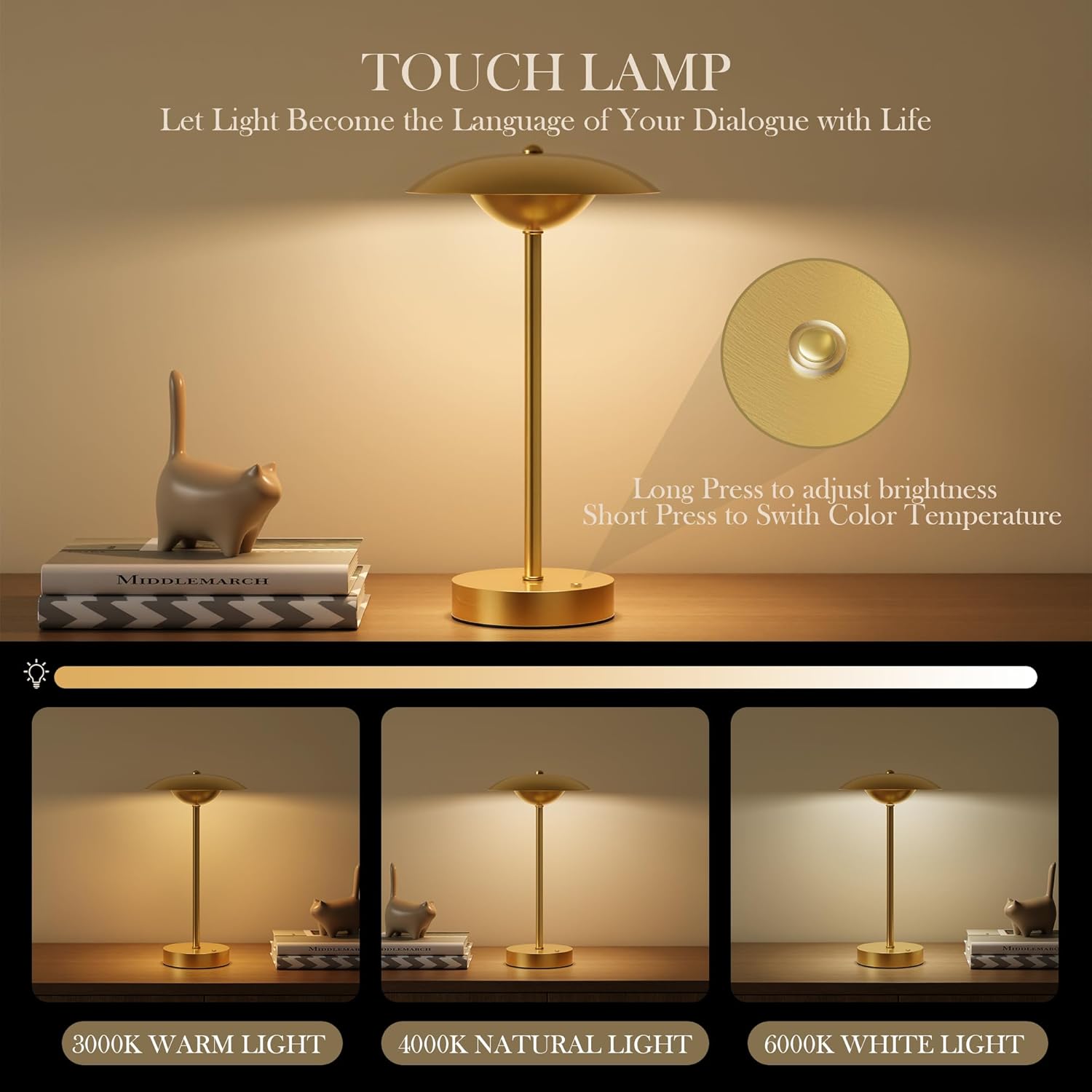 2 Pack Cordless Table Lamps, Rechargeable Battery Powered Lighting, Indoor/Outdoor Table Lamps for Patio Restaurant Home Dinner Dining Kitchen Bar Night Light Balcony,Waterproof & Wireless(Gold)