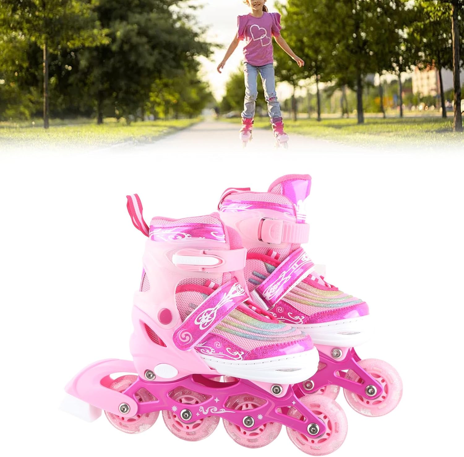 Children Adjustable Inline Skates, Fully Soft Roller Skates with Rainbow Lights, PU Wheels, ABEC 7 Bearings, Excellent Kids (S)