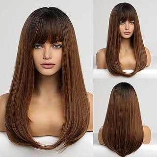 ECIF Long Ombre Brown Wigs For Women, Synthetic Hair With Dark Roots Wig With Neat Bangs For White Women