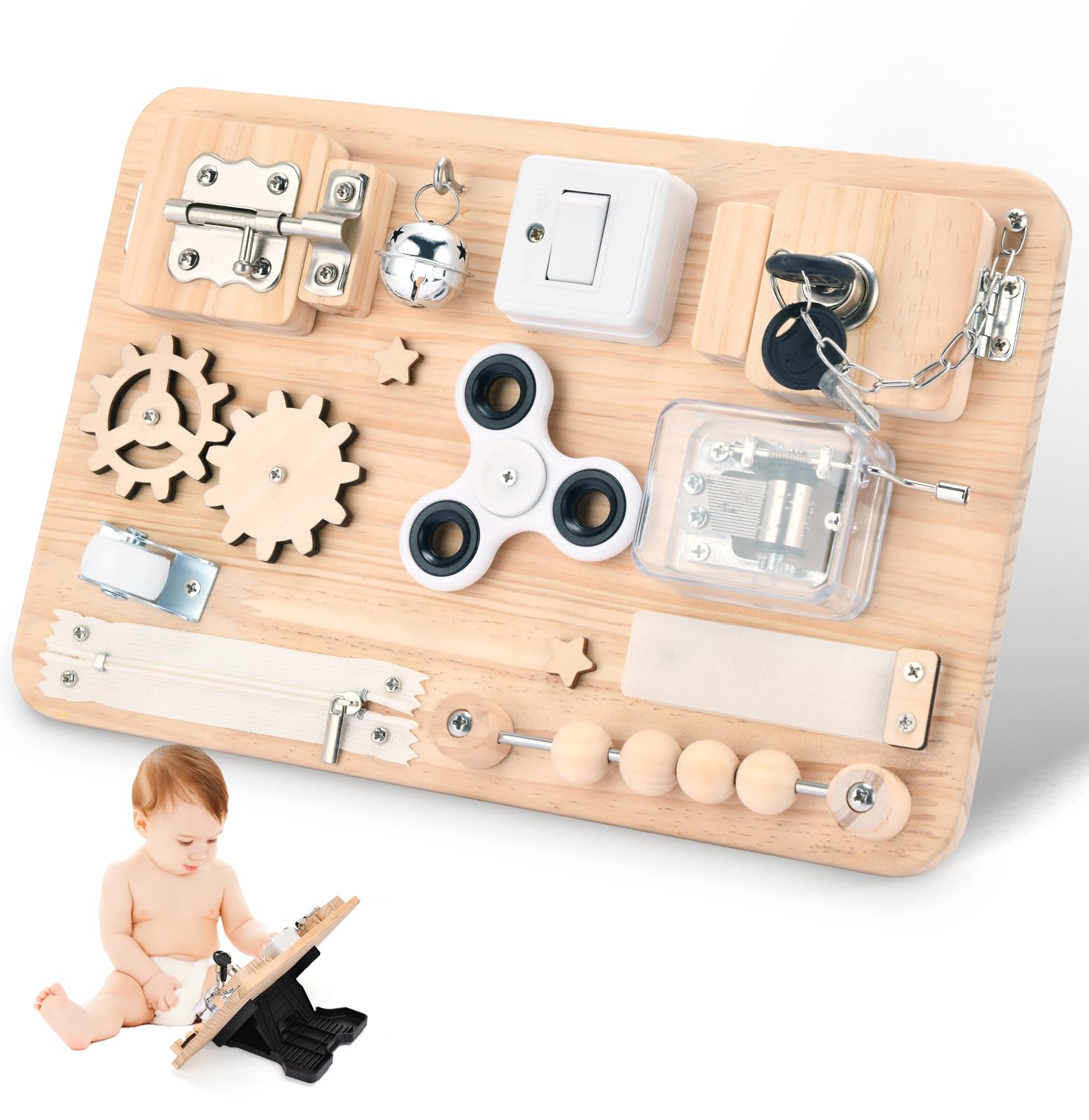 Montessori Busy Board Holzspielzeug - Sensorik & Motorikspielzeug für Kinder - Activity Board Reise Spielzeug für Jungen & Mädchen - Geschenk zur Einschulung - Geburtstag - Autismus & ADHS geeignet
