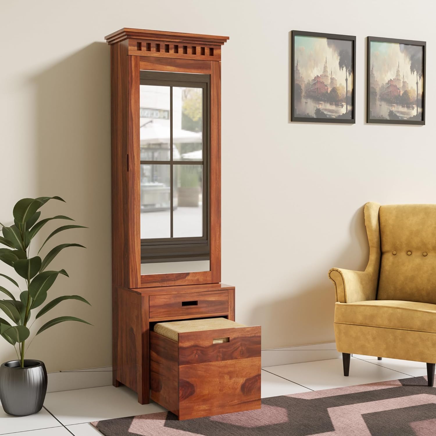 Credenza Solid Sheesham Wood Dressing Table with Mirror & Storage Stool for Bedroom | Wooden Dressing Unit with Drawer & Seat | Space Saving Vanity Organizer | Honey Finish-picture-27