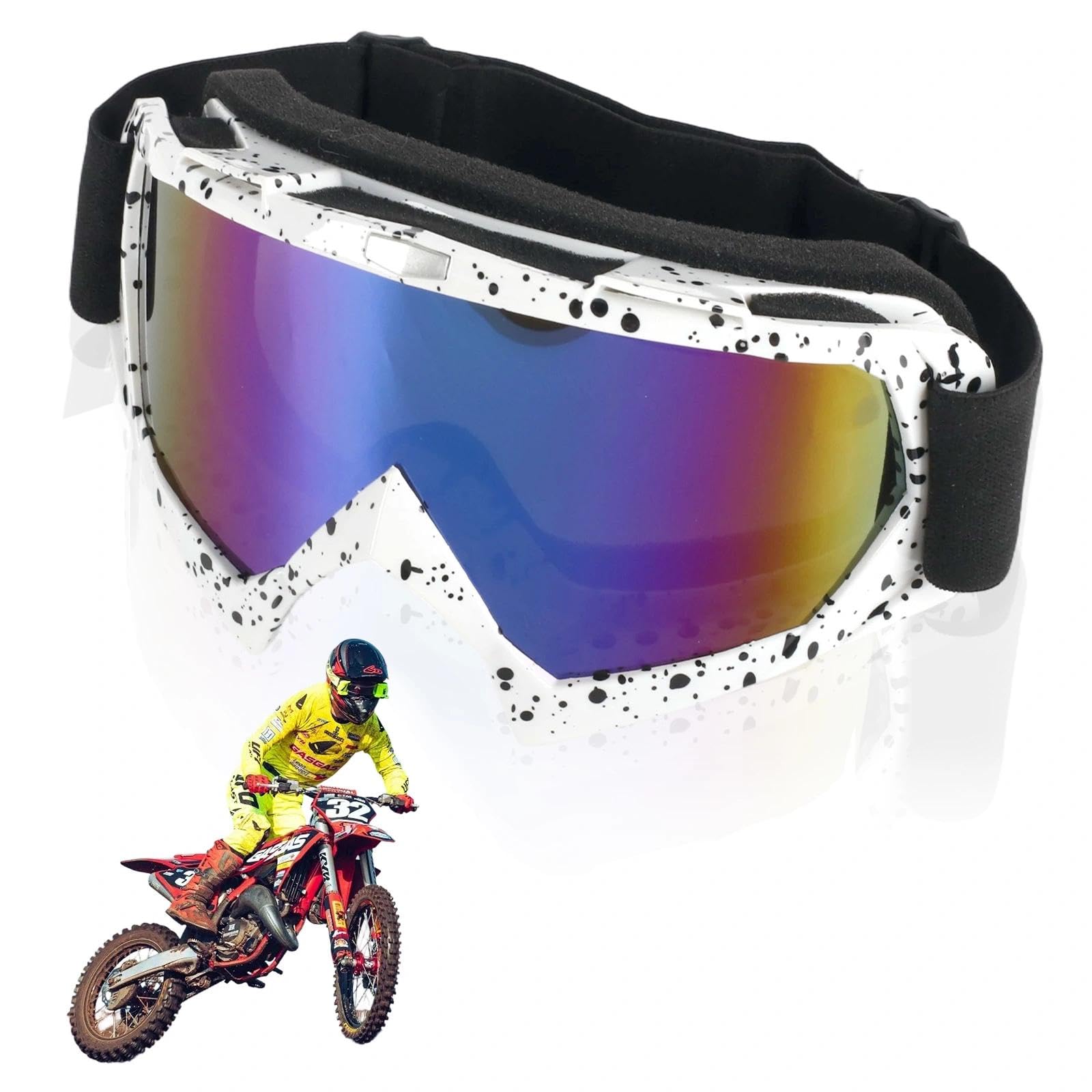Occhiali Motocross,OTG Maschere Snowboard,Mascherina Casco Motocross - Antivento, Antiappannamento, protezione UV,Imbottiti Schiuma - Unisex per Moto, MTB, ATV, Casco Compatibile.（Bianco）