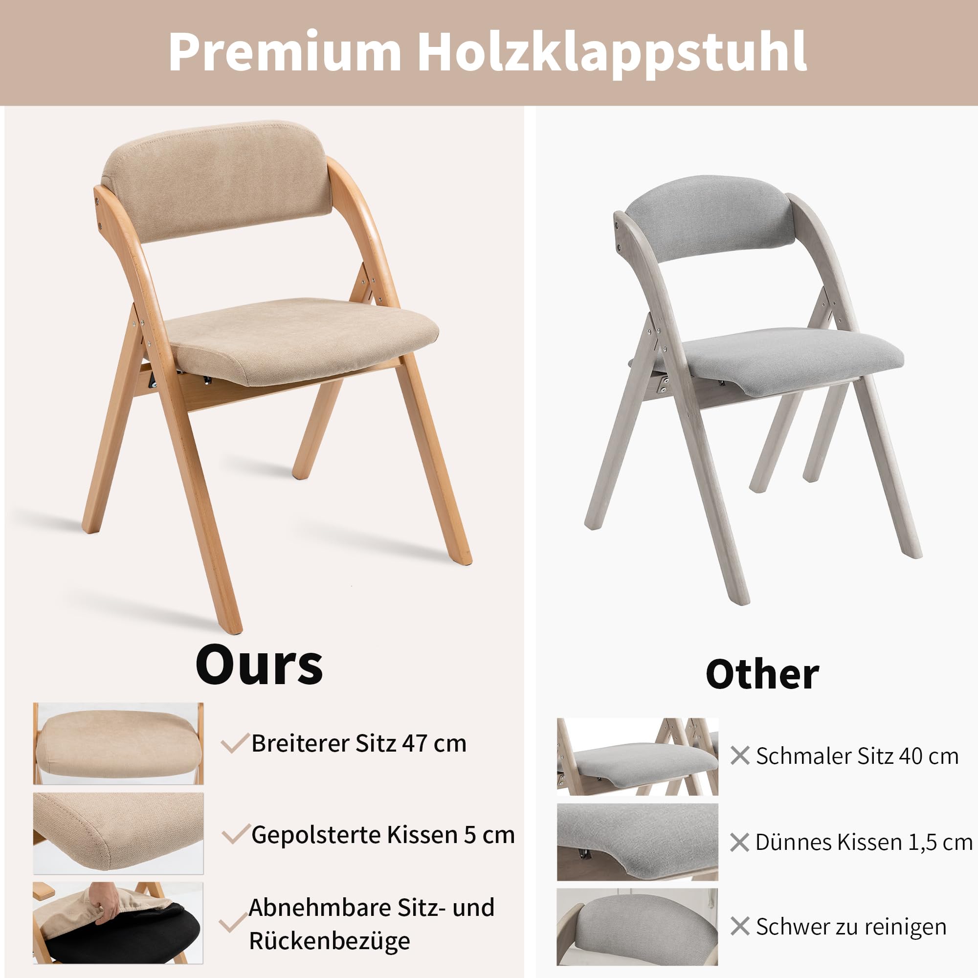 Klappstühle Set aus 2 stapelbaren Holz-Esszimmerstühlen mit gepolsterten Sitzen und abnehmbarem Bezug