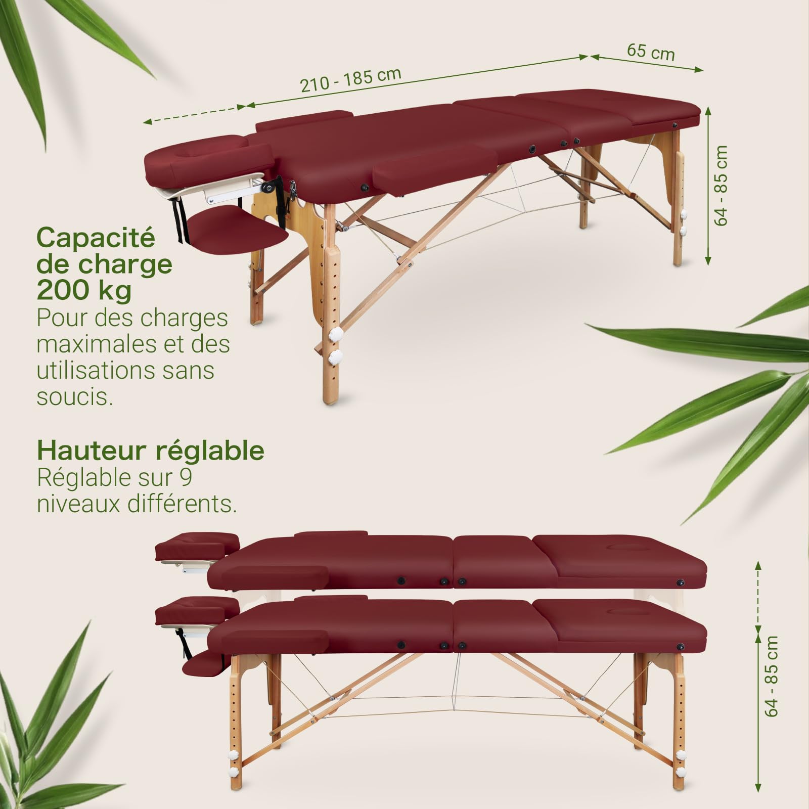 MASSUNDA All INKL Chaise de Massage Pliante et réglable en Hauteur – Table de Massage Mobile en Bois Massif avec Housse en éponge, accoudoirs et dossiers, appuie-tête Ergonomique (Bordeaux)
