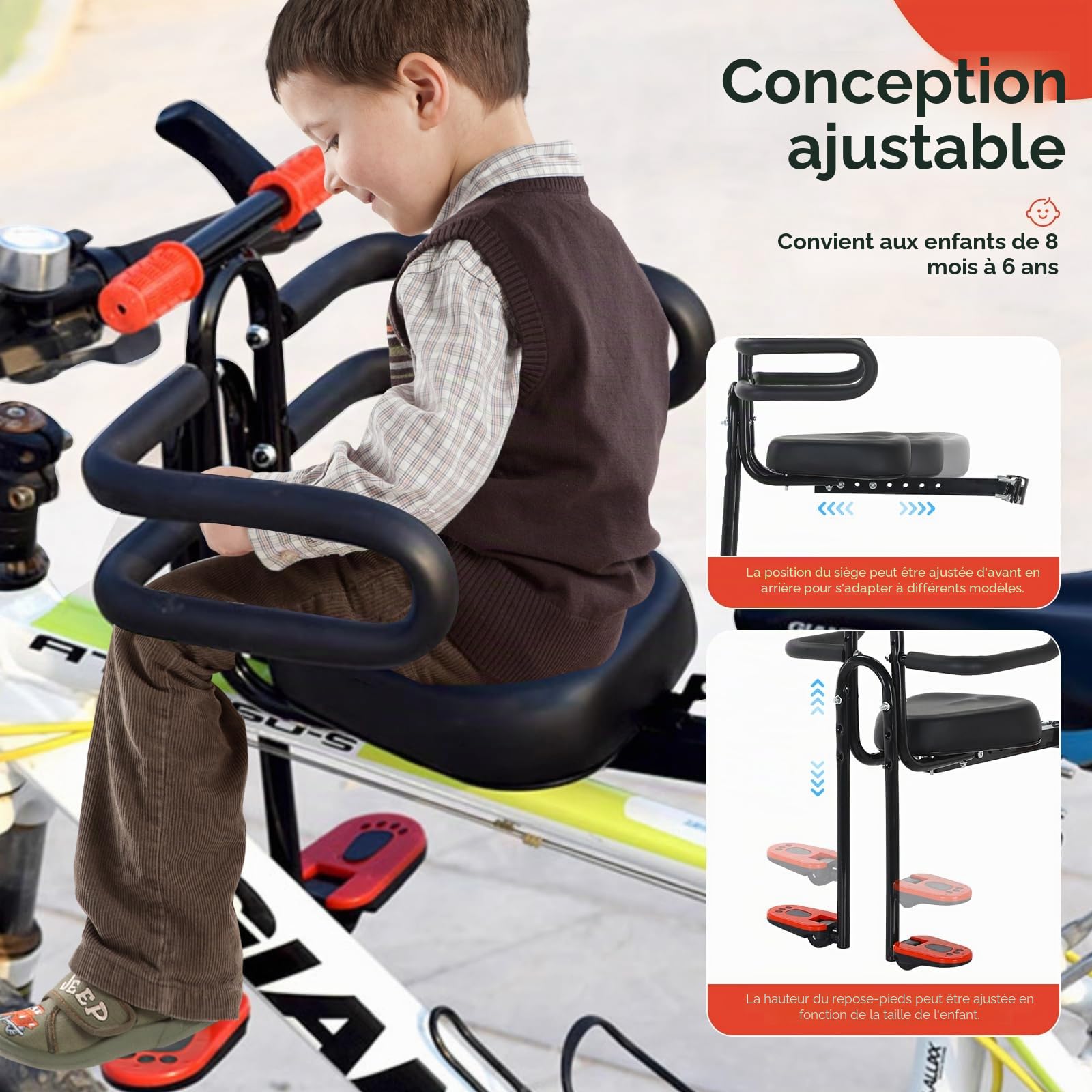 Siege Velo Enfant Avant, Siège Vélo Enfant avec Accoudoirs et Repose-Pieds, Siège Bébé Avant pour VTT, Vélos de Ville et Vélos Pliants