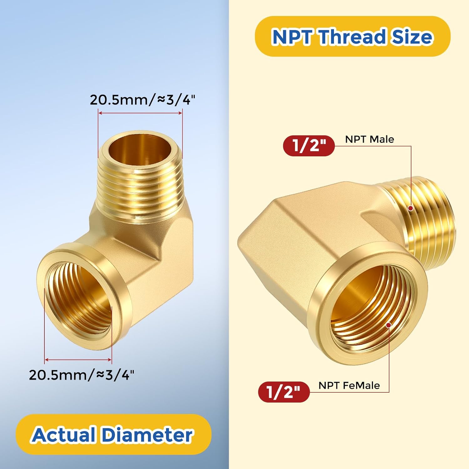2 Pack 90 Degree Brass Pipe Fittings, 1/2" NPT FeMale to 1/2" NPT Male Barstock Street Elbow, Forged Pipe Fitting Connector for Air, Oil, LP