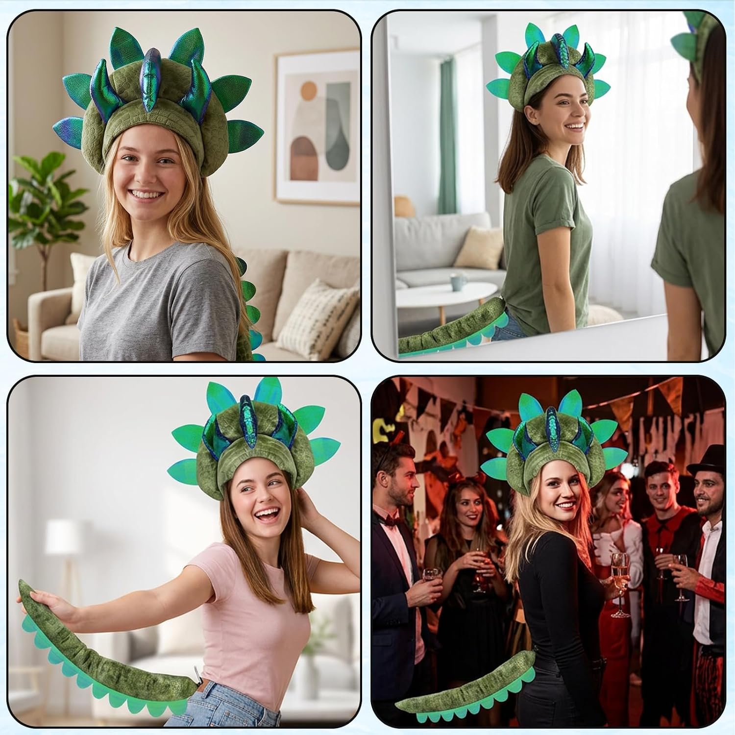 QYANGG 2 Pcs Triceratops Dinosaur Headband Tail Set, 3 Horn Dinosaur Headband Tail Costume for Adult Halloween Party Dress Up for People aged 15 and above