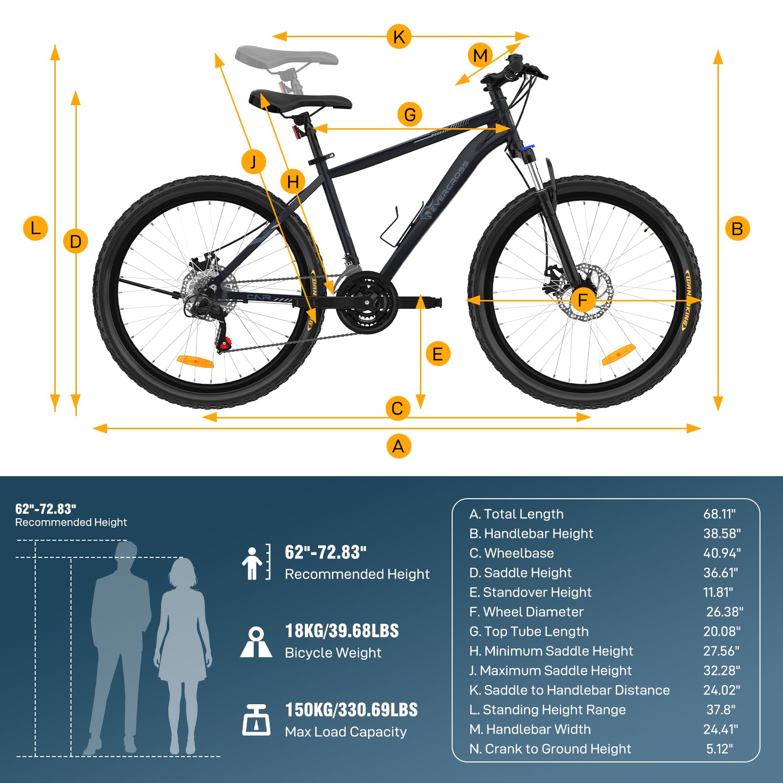 EVERCROSS EM3 Mountain Bike per Adulti Uomo Donna, Bicicletta da 26 Pollici, Sistema a 21 Velocità, Telaio in Alluminio con Sospensione Anteriore, Bici All Terrain con Freni a Disco, Carico Max150 kg