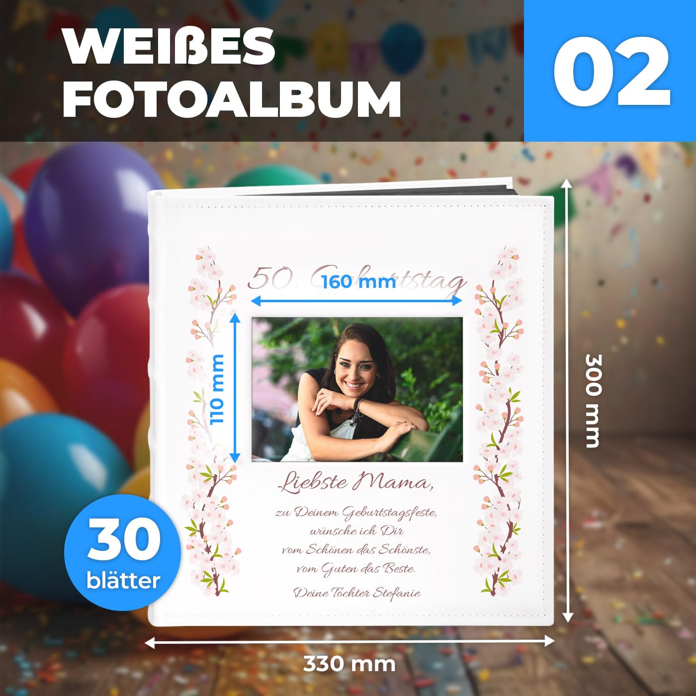 Maverton Fotoalbum zum Selbstgestalten mit Bildausschnitt mit Aufdruck - für 240 Fotos 10x15-60 schwarze Seiten - Größe 33x30cm - Weiß - personalisierte Geschenke - Geburtstagsgeschenk für Frauen