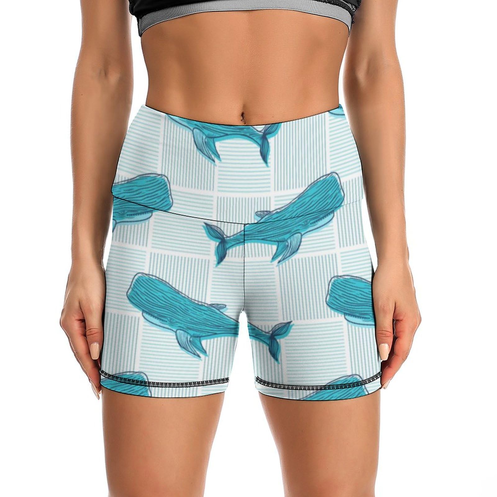 Whale Animal Pattern High Waist Yoga Shorts for Women Athletic Shorts Leggings Running Pants Black