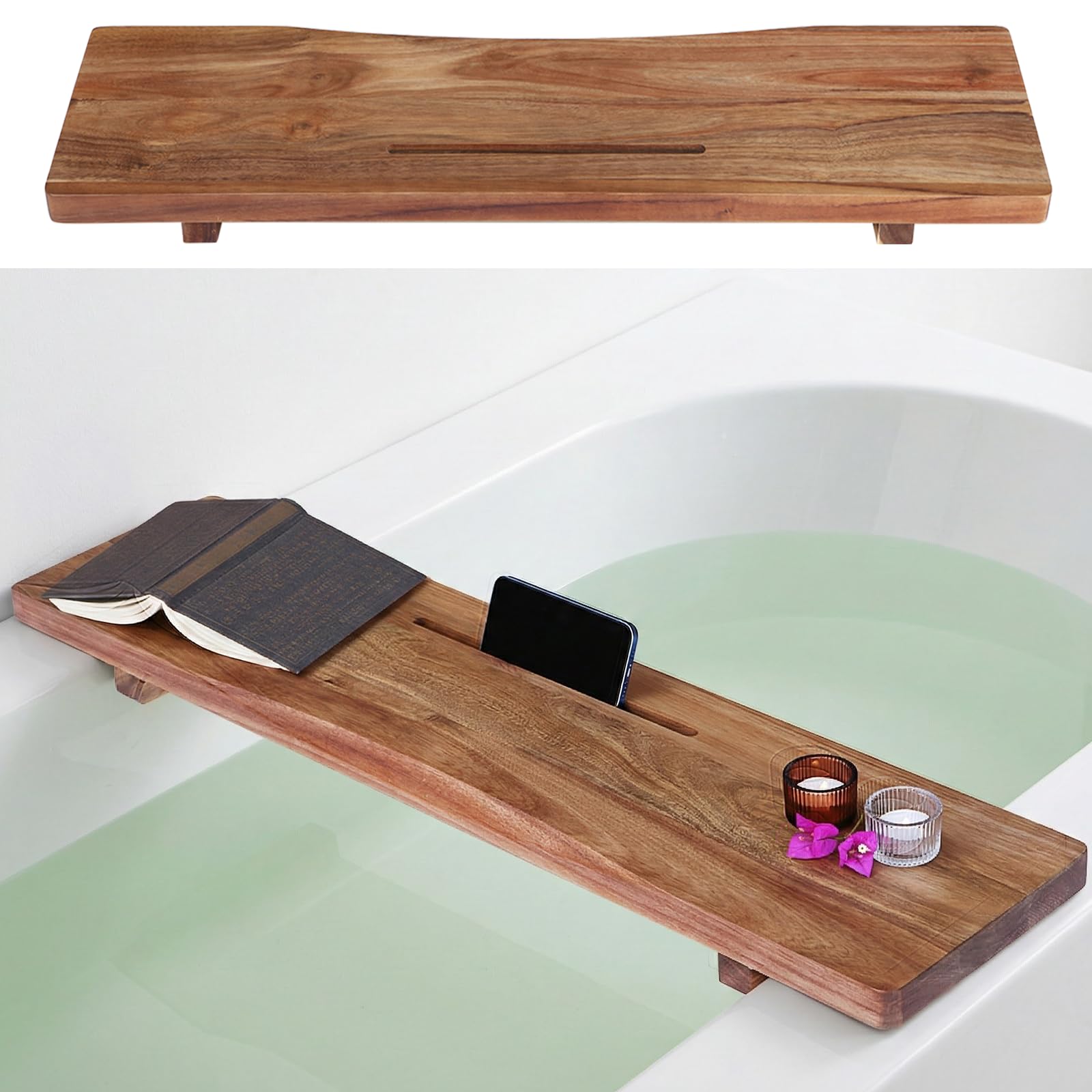 Premium Acacia Wood Bathtub Tray Caddy with Adjustable Legs, Minimalistic Design Bath Tray for Tub, Bathtub Accessories, Fit Standard and Against Wall Bath Tubs, Gift Idea for Women