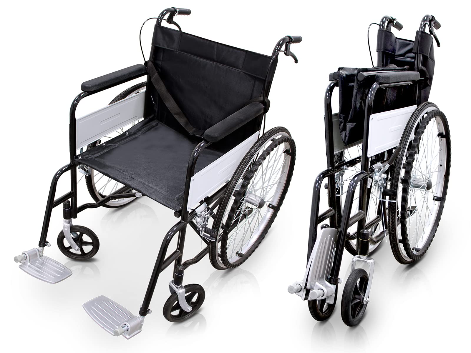QUIRUMED Silla de ruedas plegable, modelo BASIC, Acero, Reposapiés extraíbles, Cinturón de seguridad, Asiento 46 cm, Para mayores, Para minusválidos, Hasta 120 kg