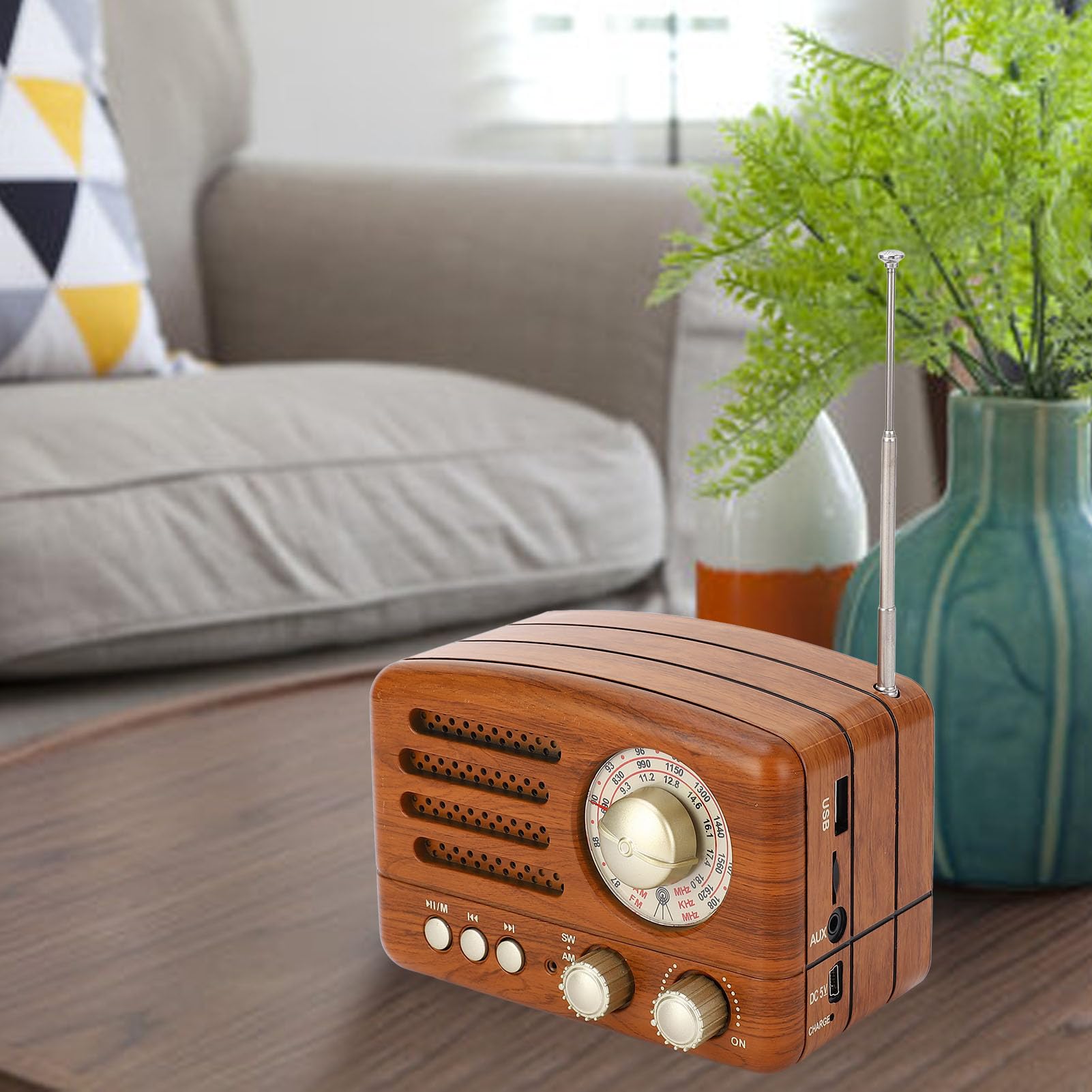 Radio AM FM vintage Altoparlante retrò portatile USB con antenna regolabile, batteria 1800mAh, legno