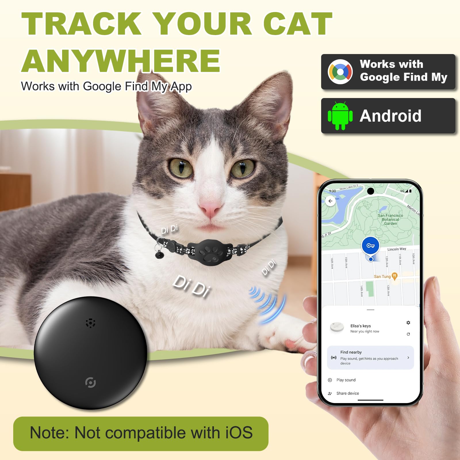 Tracker Katze Android Mini SmartTag  Ohne ABO, Kompatibel Mit Google Find  Hub, Reflektierendes Halsband