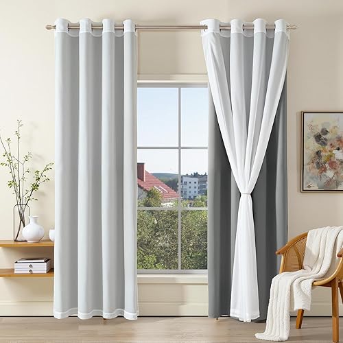 MEEYIUS Double Layer Curtains, Blackout Curtains with Chiffon Sheer, Grommet The