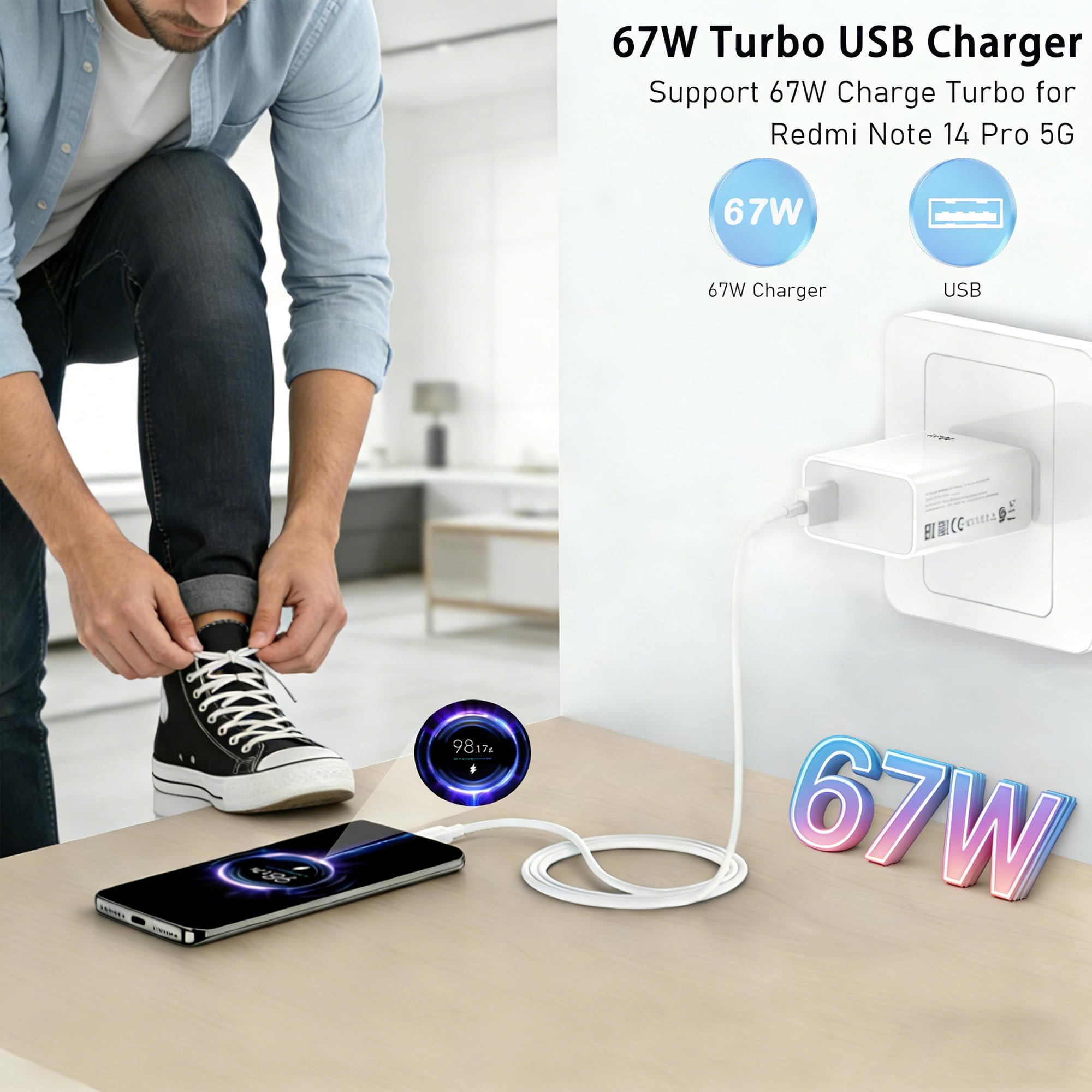 Caricabatterie USB da 67 W con cavo di ricarica di tipo C 6 A per Xiaomi 17T 15 14 Ultra/14/14T/13T/13/13 Lite, Redmi Note 15 14 13 12 11 10 Pro 5G, Poco F7 X7 X6 M6 X5 Pro caricabatterie USB per - 4