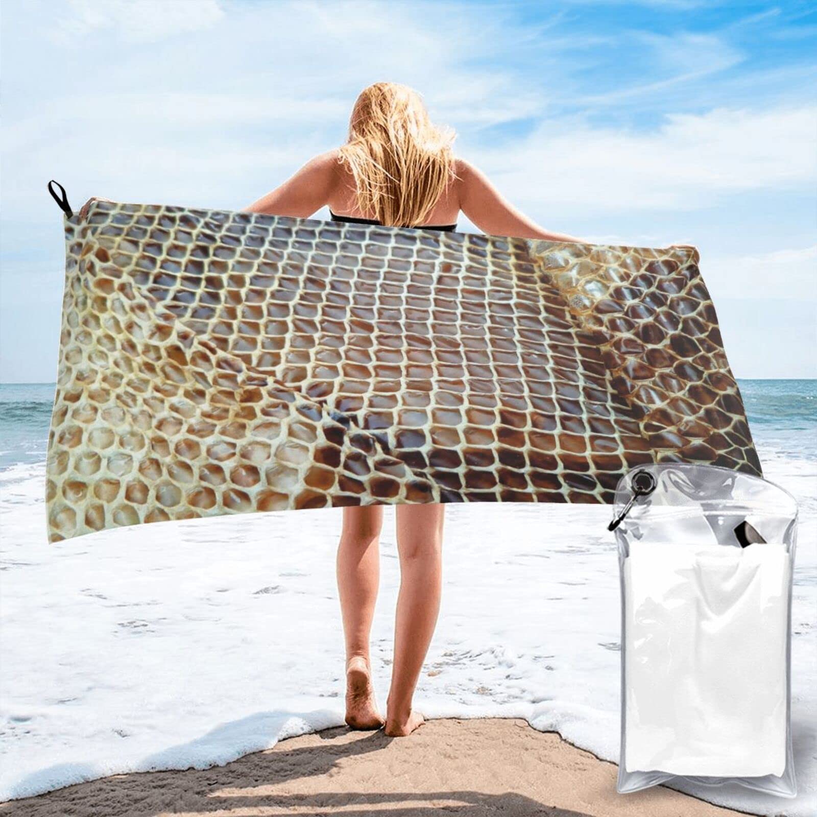 Lawenp Skin of Snake Microfiber Beach Towel Adults Large Quick Drying Bath Towel Travel Towels with Pouch 31.5"x63"