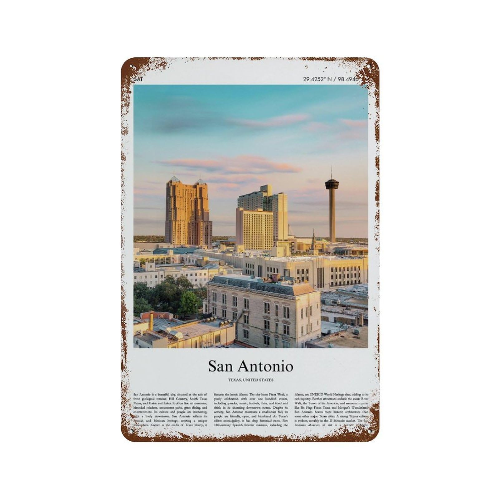 xiaoxiaoshen San Antonio, Texas, United States, USA City Scenery Wall Decor Art Metal Tin Poster Modern Home Decor Art Home Bar Shop Decorations Vintage Sign 30x20cm