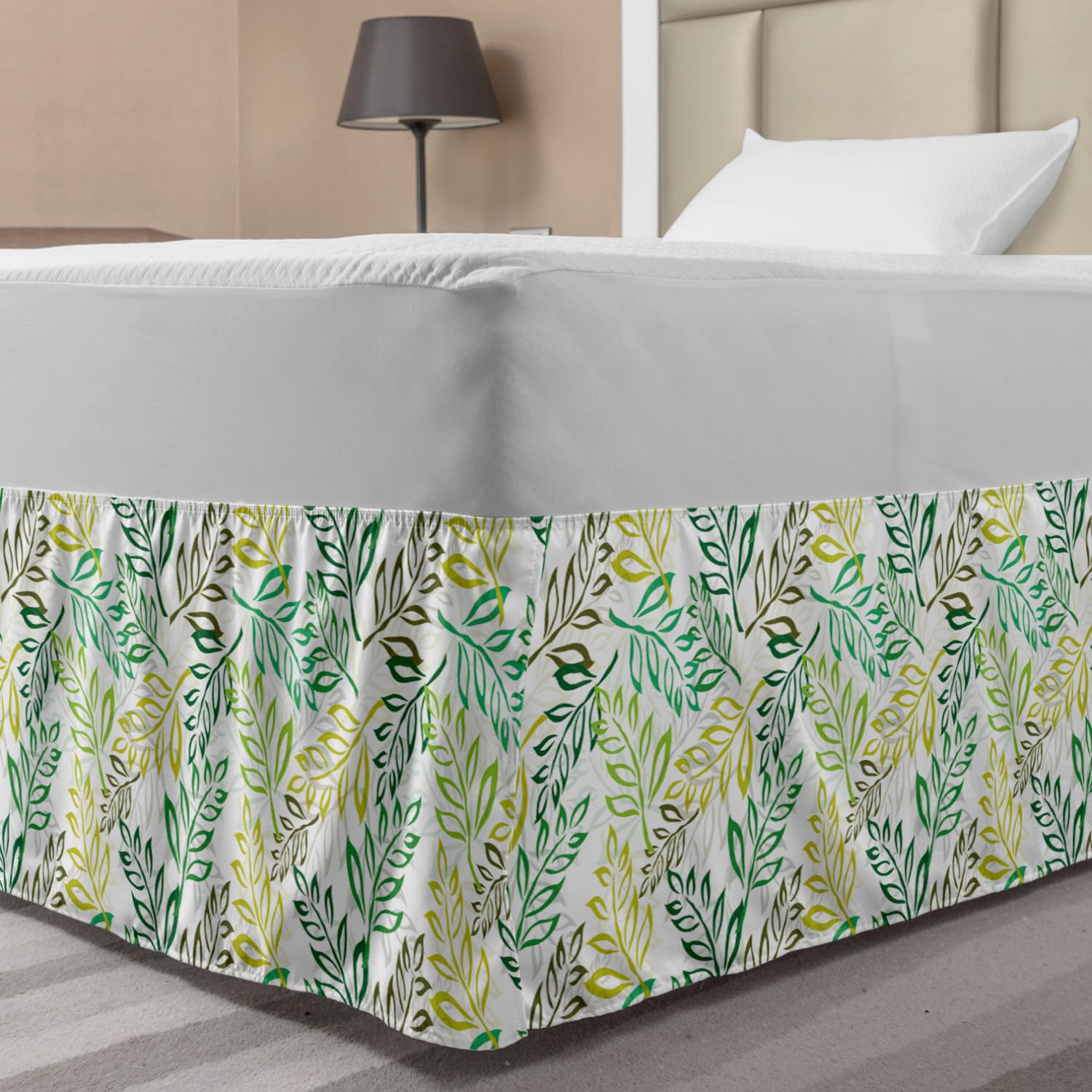 Lunarable Leaf Bed Skirt Leaf Pattern with Colorful Retro Doodle Style Nature Lines Floral Print Art Elastic Bedskirt