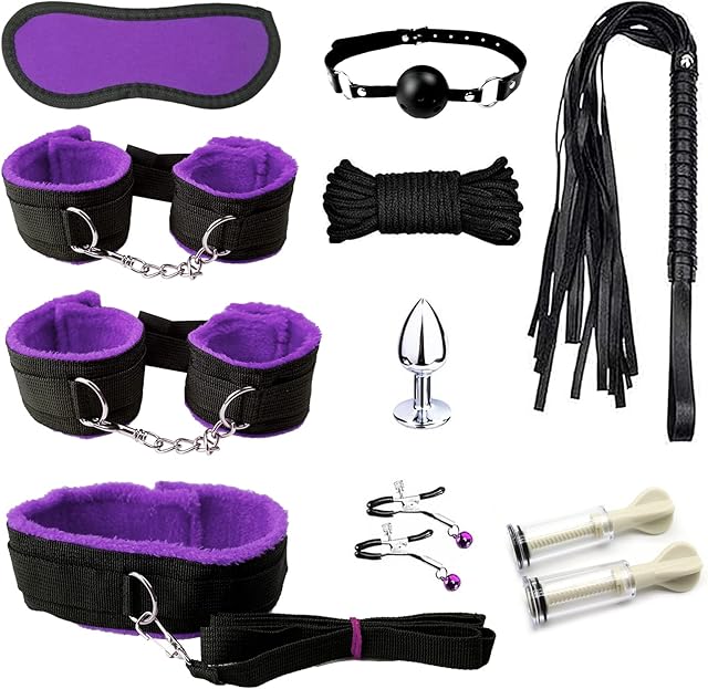 BDSSM Restraints Sex Toys 11 Pcs Bondage Restraints Set Fetish Bed Restraints Kits for Beginners Light SM Adult Games Safe Cuffs Nipple Clamps Flogger Ball Gag Blindfold Rope Cosplay Purple