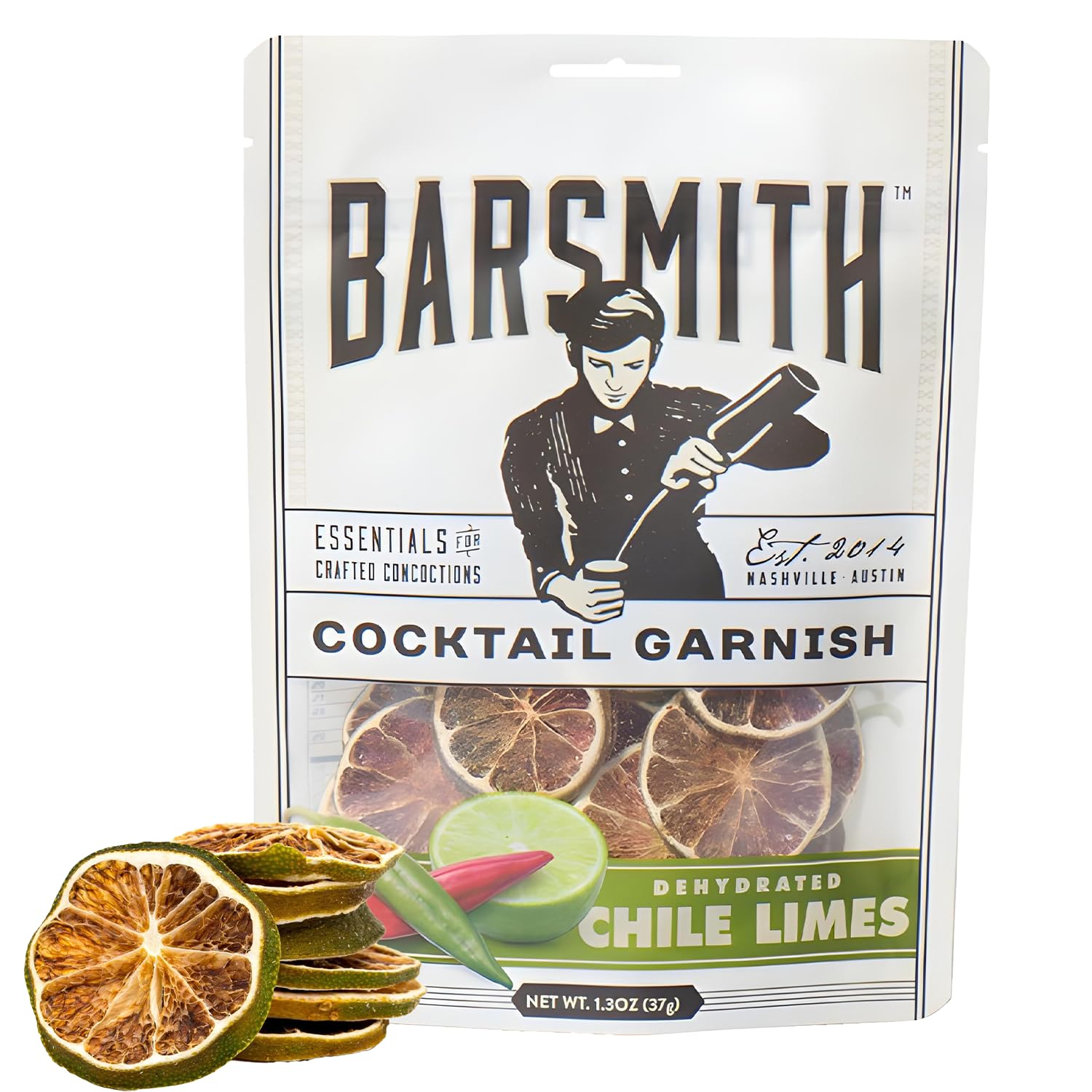 Barsmith Dehydrated Chile Limes Slices - Made using 100% Real Chiles & Limes - Subtle Heat & Tangy Citrus Flavor - Perfect As Mocktail & Cocktail Grainsh - Ideal For Home & Bar Use - 1.3oz (Pack of 1)