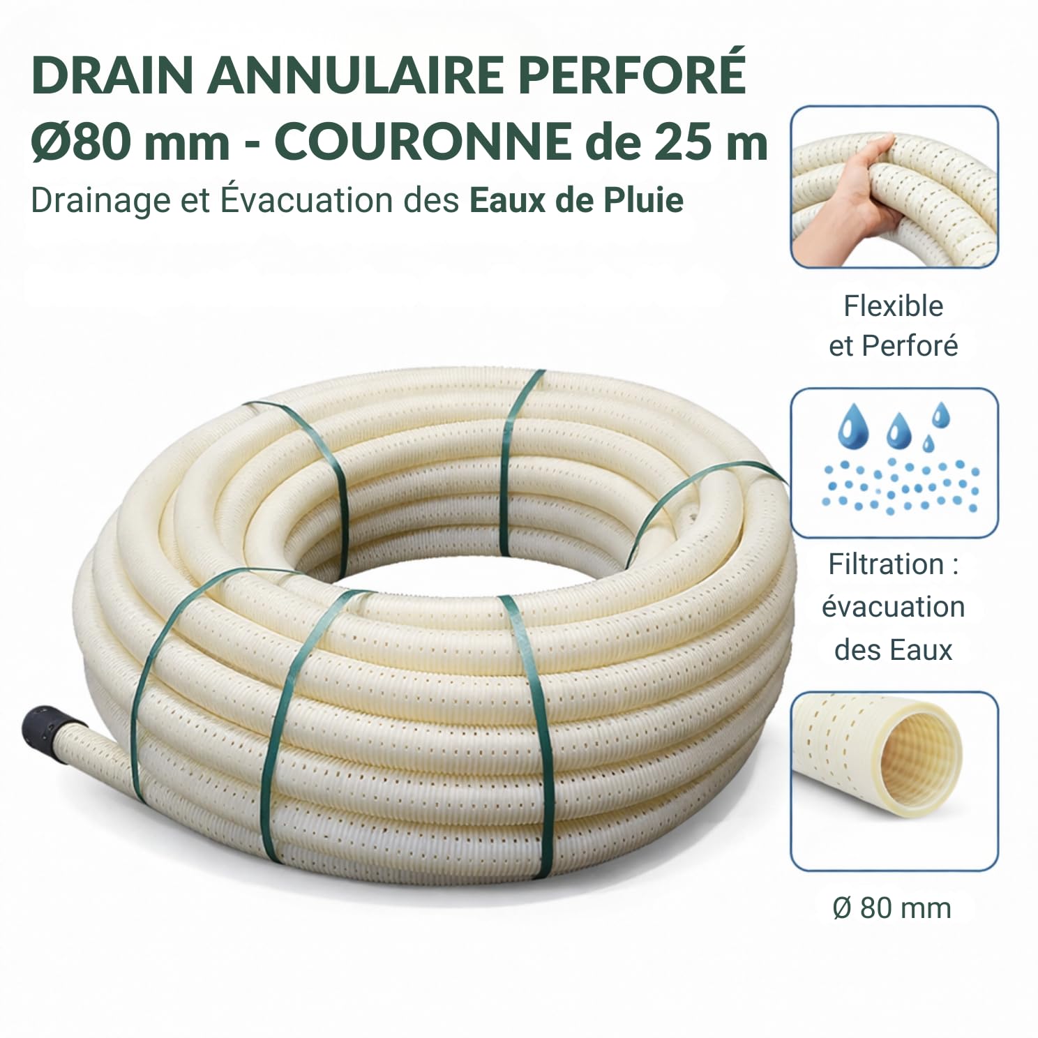 Jardibric - Drain Perforé 80 mm 25 m - Drain Agricole Annulaire - Tuyau Drainage Eau Pluie Haute Visibilité