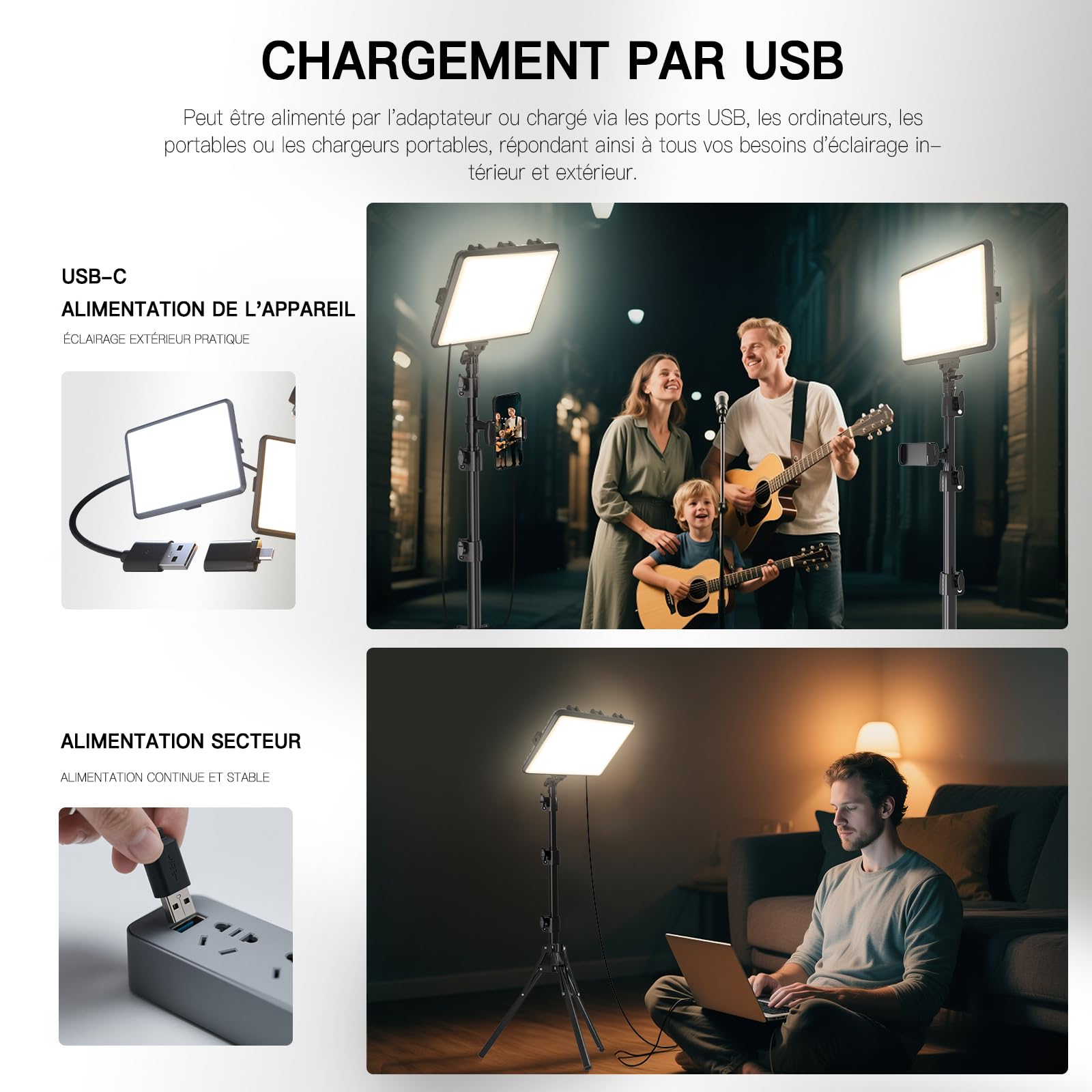 25cm*20cm Lumiere Photo, Lot de 2Panneau d'Éclairage Vidéo LED Kit 2800-6500 K avec USB/Support de téléphone, 185cm Kit D'éclairage de Photographie à Intensité Variable pour Portrait/TikTok (2 Pack)