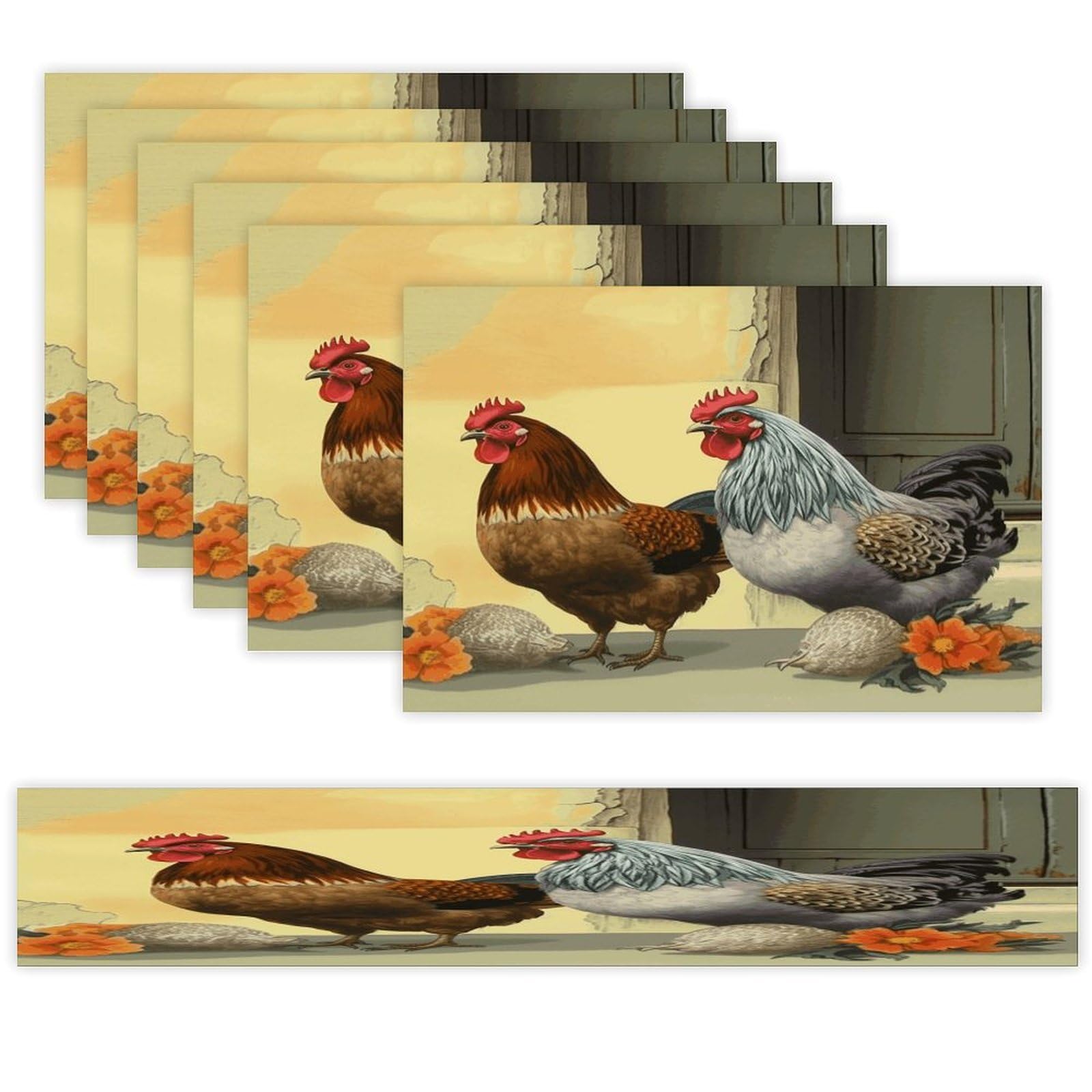 Italian Chickens Table Runner and Placemats Set of 6 for Kitchen Washable Table Mats Heat Resistant Place Mats Non-Slip Place Mat Wipeable Placemat(6 Placemats+1 Table Runner)