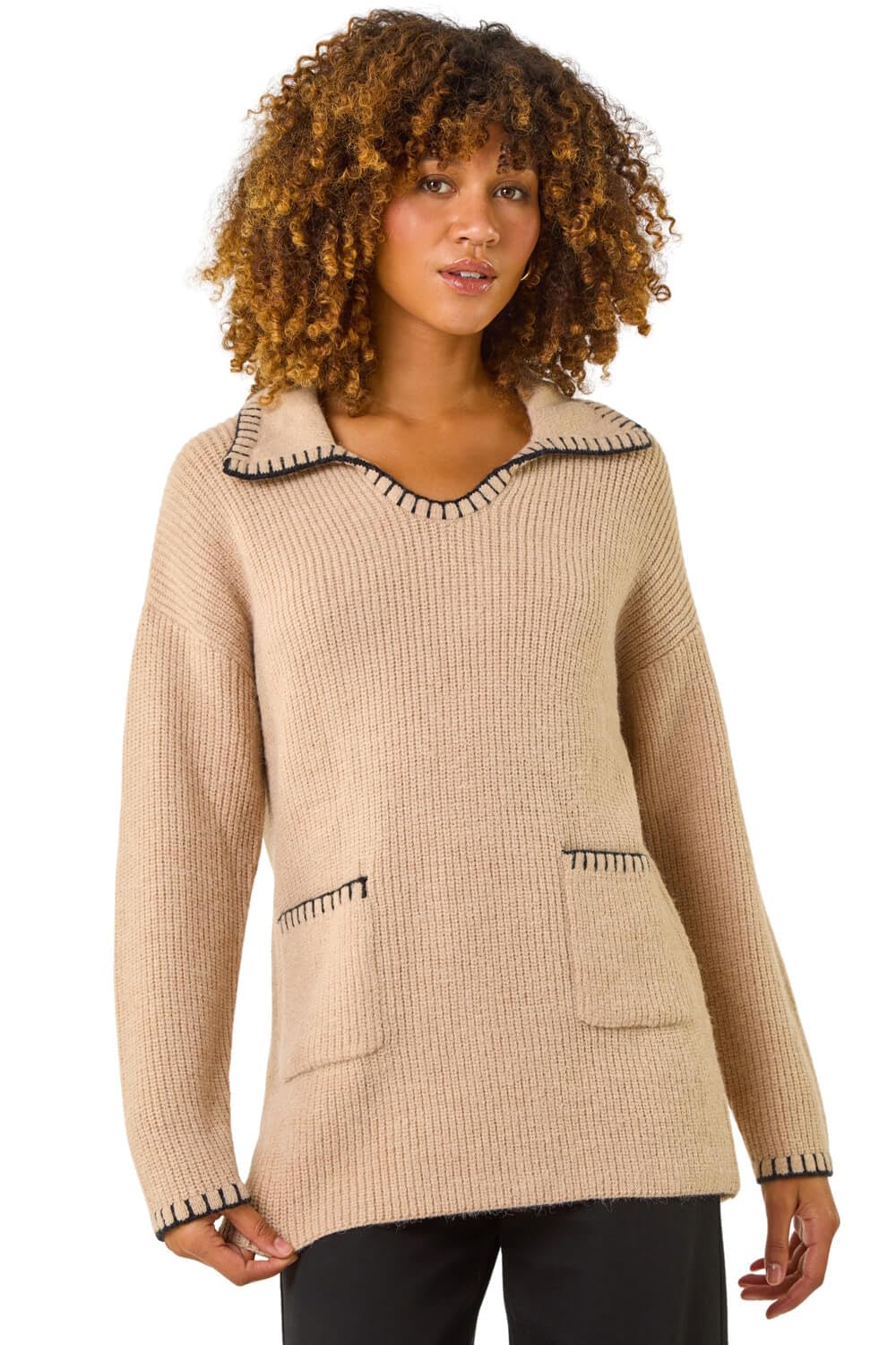 Roman Originals Women's Biscuit Roman Blanket Stitch Collared Jumper For Uk - Autumn Everyday Winter Holiday V-Neckline Comfy Long Sleeve Soft Warm Feel Top Office Desk Sweaters - Size 16