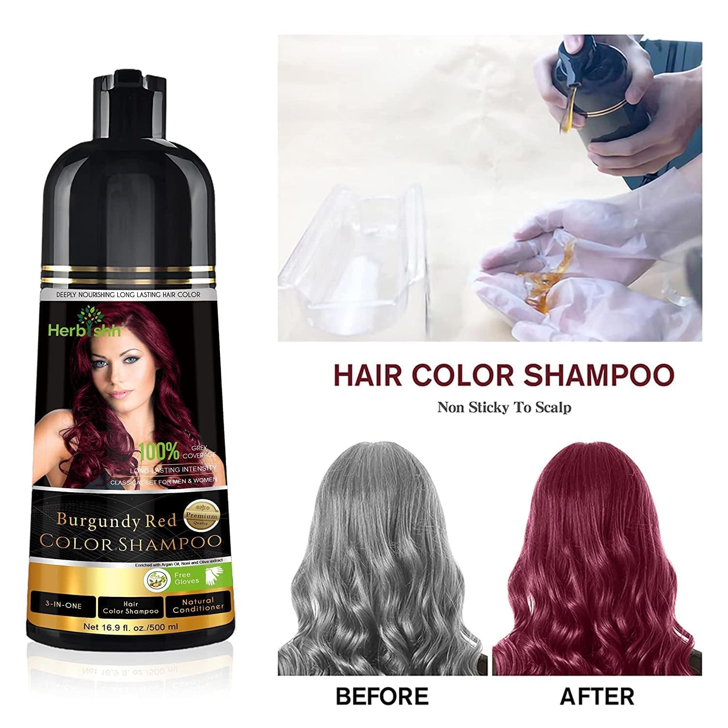 Combo Pack - Herbishh Color Shampoo for Gray Hair + Argan Intense Hair Mask - Long-lasting Dye, Colors in Minutes - Stimulates Dry, Frizzy Hair - 500 ml (Burgundy)