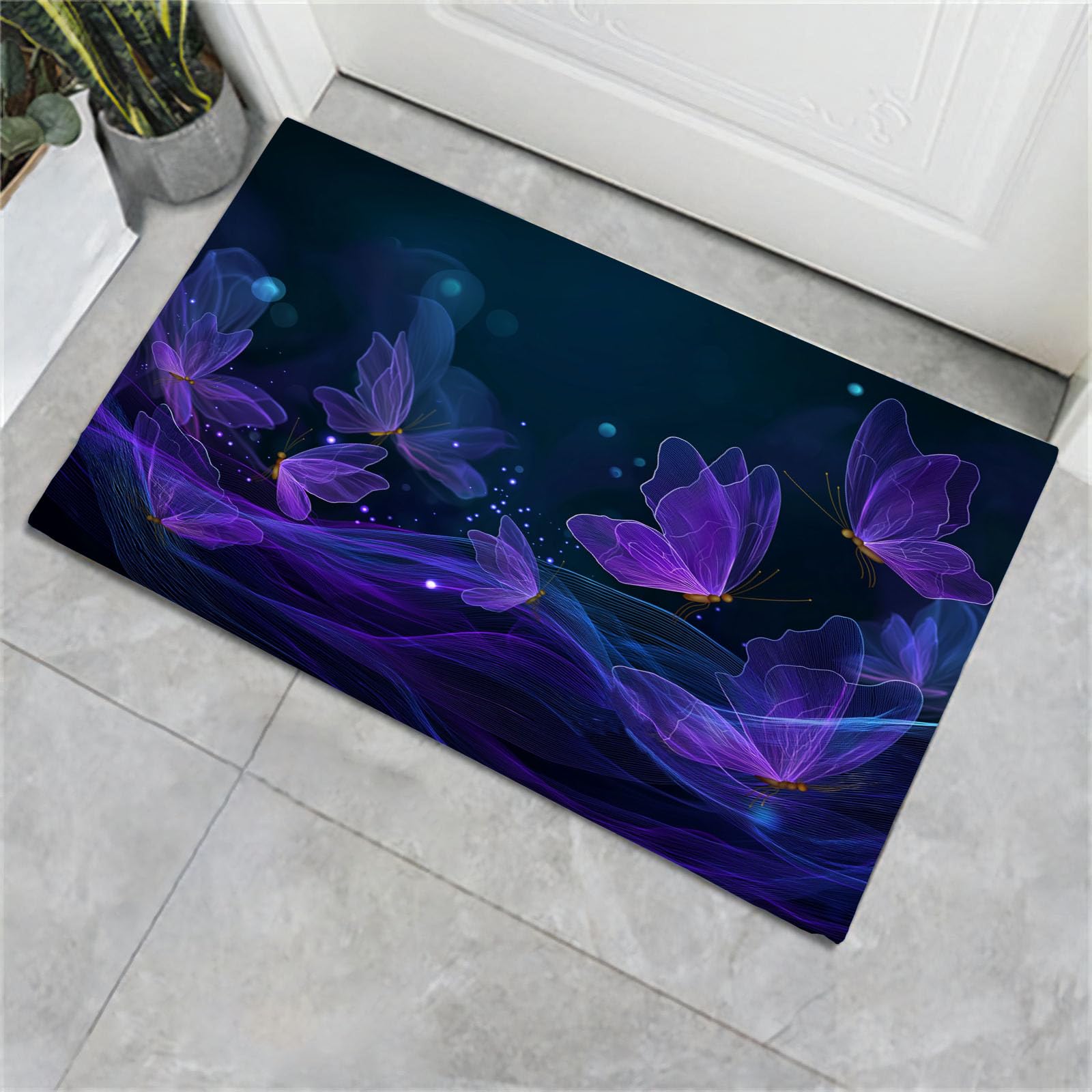Paillasson 80x120 cm violet papillon et ondes lumineuses pour entrée intérieure et extérieure