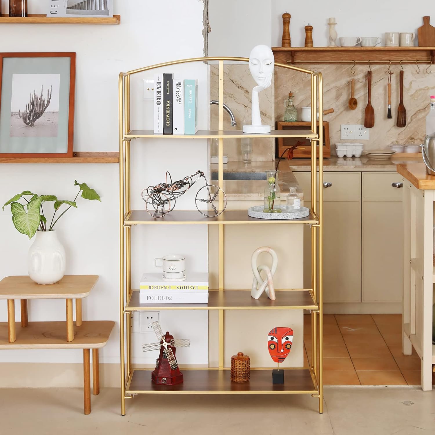 Crofy No Assembly Folding Bookshelf for Living Room, 4 Tier Gold Collapsible Book Shelf for Home Office, Portable Bookcase Storage Organizer - Image 2