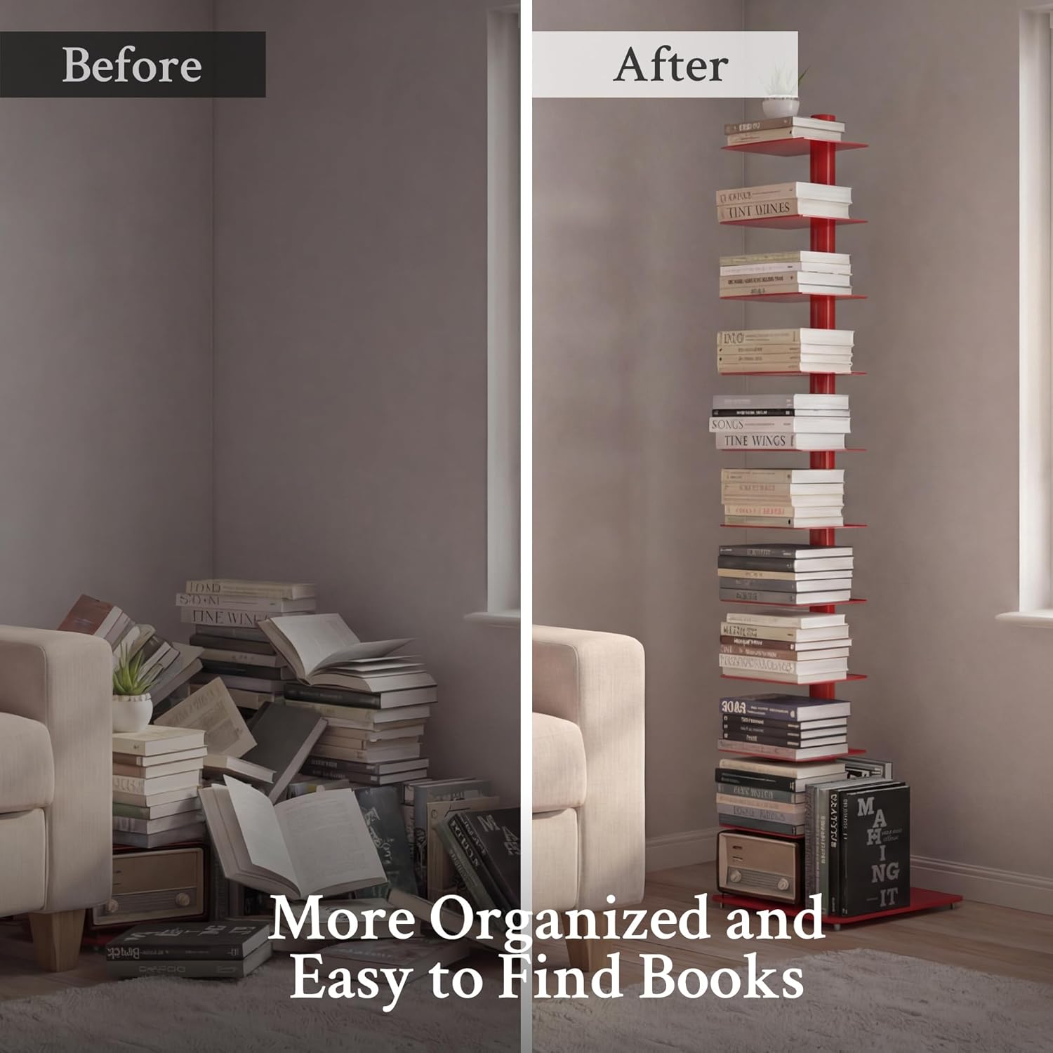 Suchtale 11-Tier Spine Bookshelf Tower,Tall Vertical Book Organizer,Metal Floor Standing Bookshelf for Small Spaces,Narrow Bookcase for Living Room,Bedroom & Office,Adjustable Shelf Directions,Red - Image 7