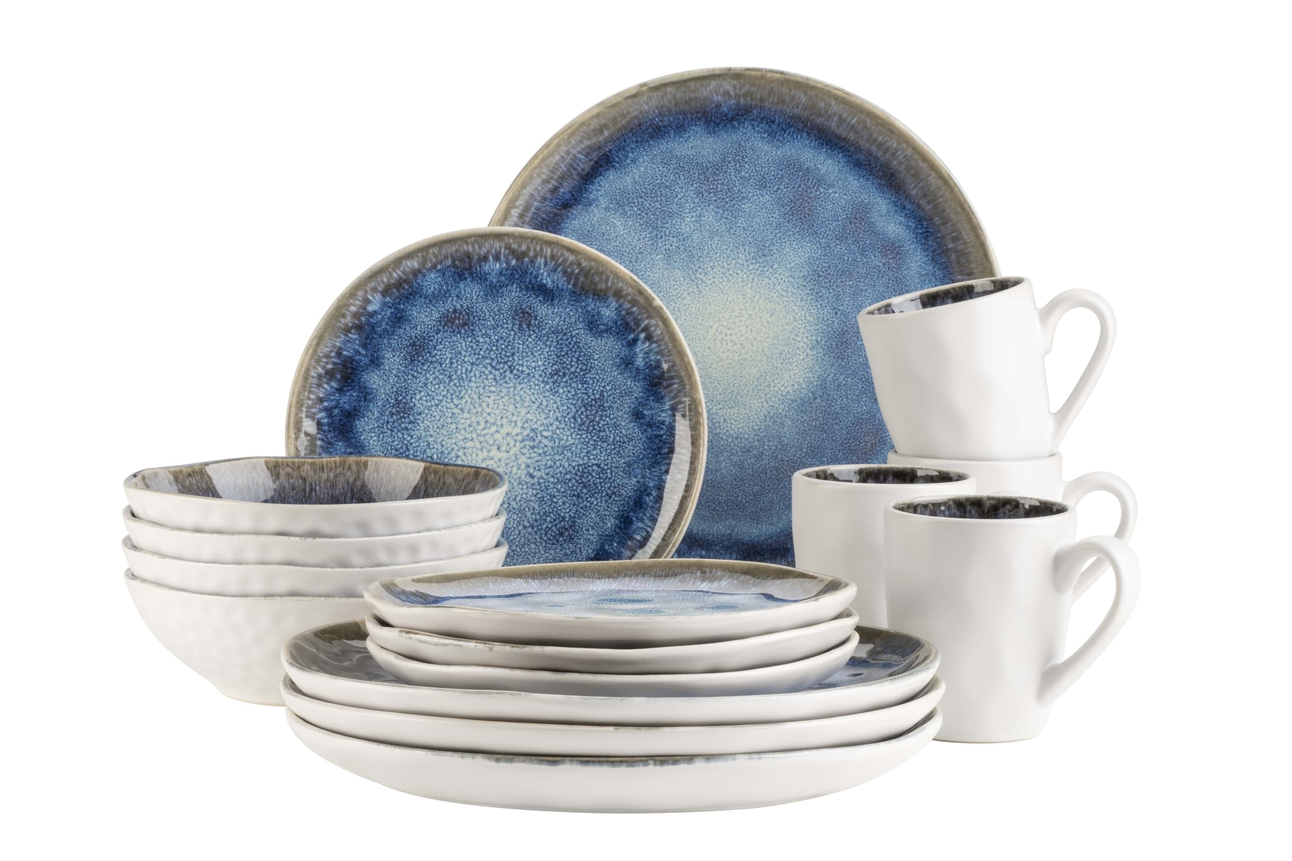 934092 Frozen Series Ceramic Crockery Set for 4 People, 16-Piece Crockery Set with Organic Shapes, Blue Speckled Service, Stoneware, Dark Blue