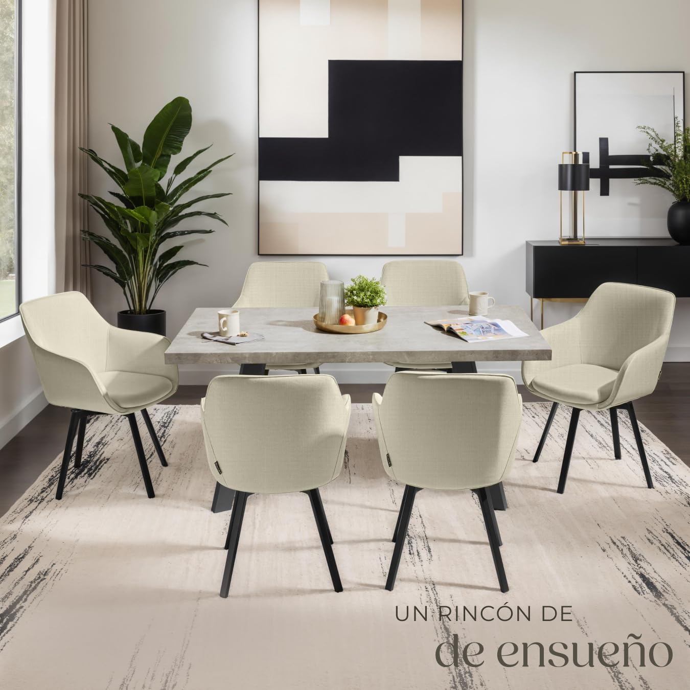 tectake® Silla Giratoria con Reposabrazos, Tapizada y con Acolchado de Alta Densidad, Patas de Acero 360°, Antideslizante, Montaje Rápido, Ideal para Comedor, Cocina y Dormitorio - 2 Sillas Beige