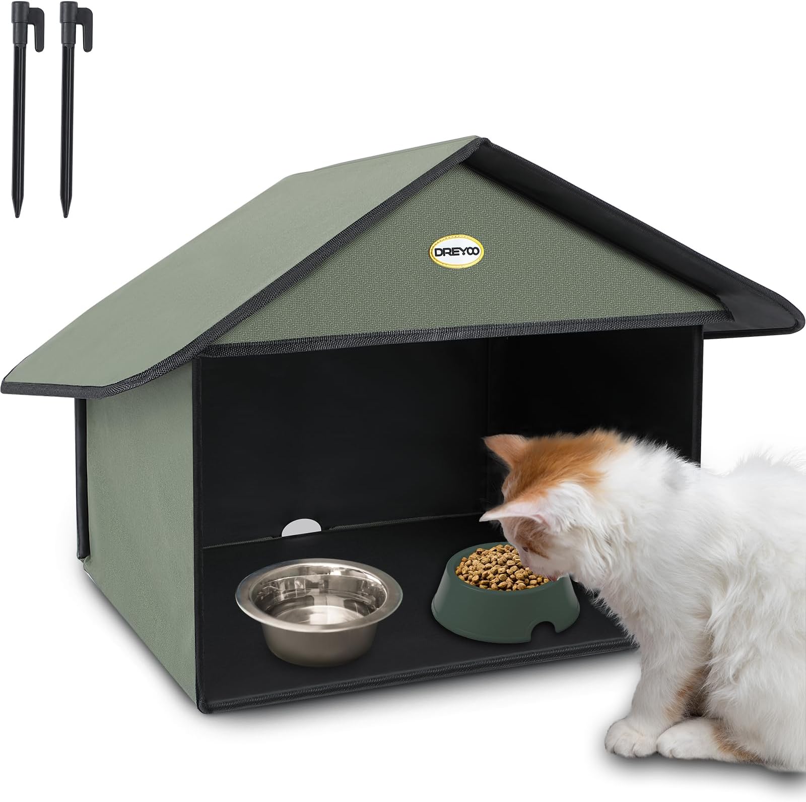 Dreyoo Outdoor Cat Feeding Station for Food & Water, Weatherproof Outdoor Kitty Dining Room Cat Shelter for Stray, Feral Cats and Community Cats, 13”d x 17”w x 15.5'h