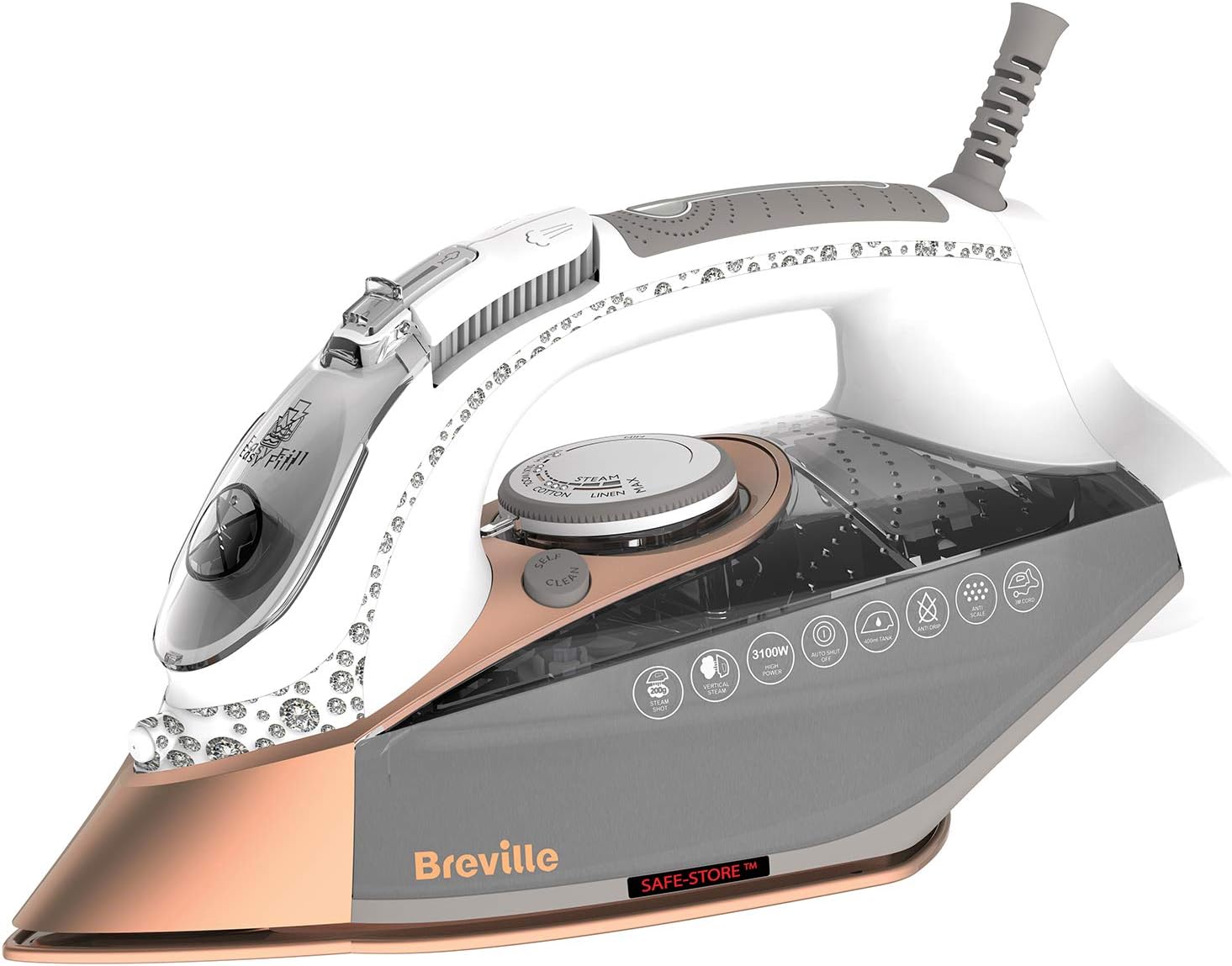 DiamondXpress Steam Iron | 3100 W | 200G Steam Shot | Multi-Directional Diamond Ceramic Soleplate | 400 ml Easy-Fill Water Tank White & Rose Gold | VIN401