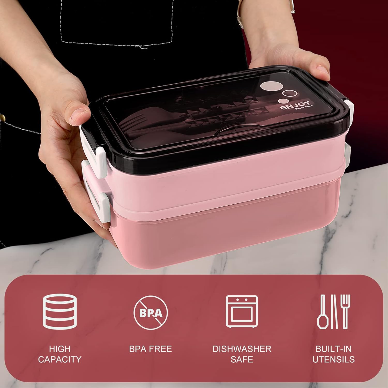 50 oz Bento Box Lunch Kit for Women, 2-Tier Adult Lunch Box with Cutlery/Sauce Bowl/Insulated Bag, Reusable Lunchable Meal Prep with Leak-Proof Seal, Microwave/Dishwasher-Safe, BPA-Free(Pink) - Image 3