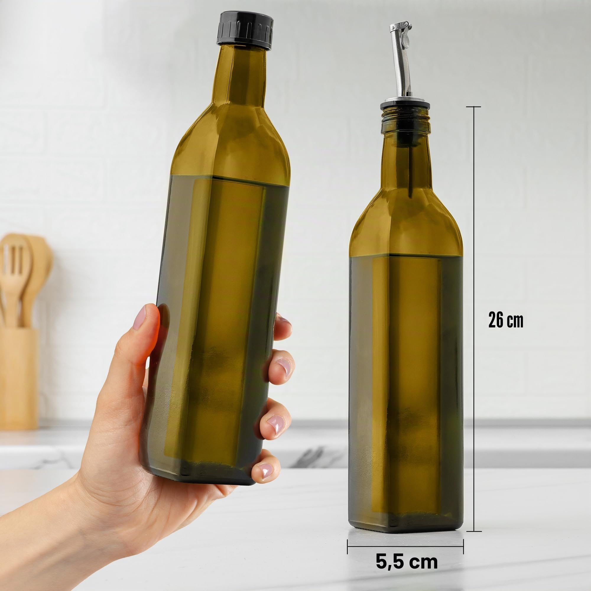 Zulay Kitchen Bouteille Distributrice d'Huile d'Olive bec Verseur - 500ml Bouteille en Verre d'Huile d'Olive Avec 2 Becs, Bouchons Amovibles, 2 Capsules & 1 Entonnoir - Recipient Pour la Cuisine