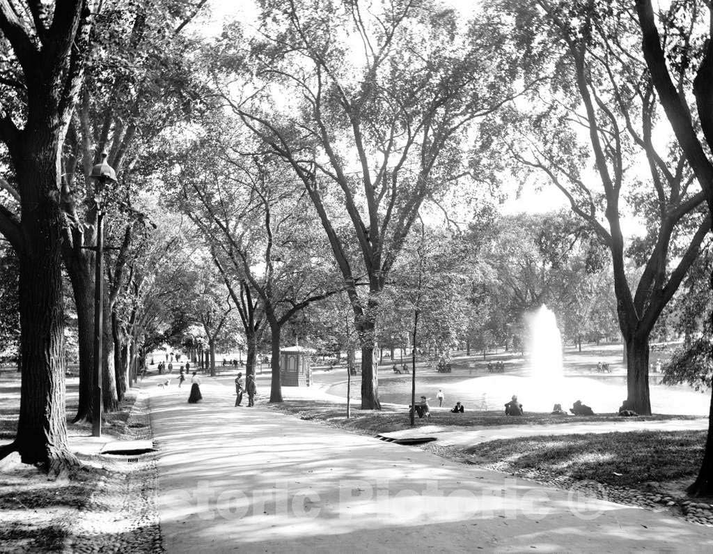Restored Black & White Photo - Historic Boston, Massachusetts - The Boston Common Frog Pond, c1895-14in x 11in