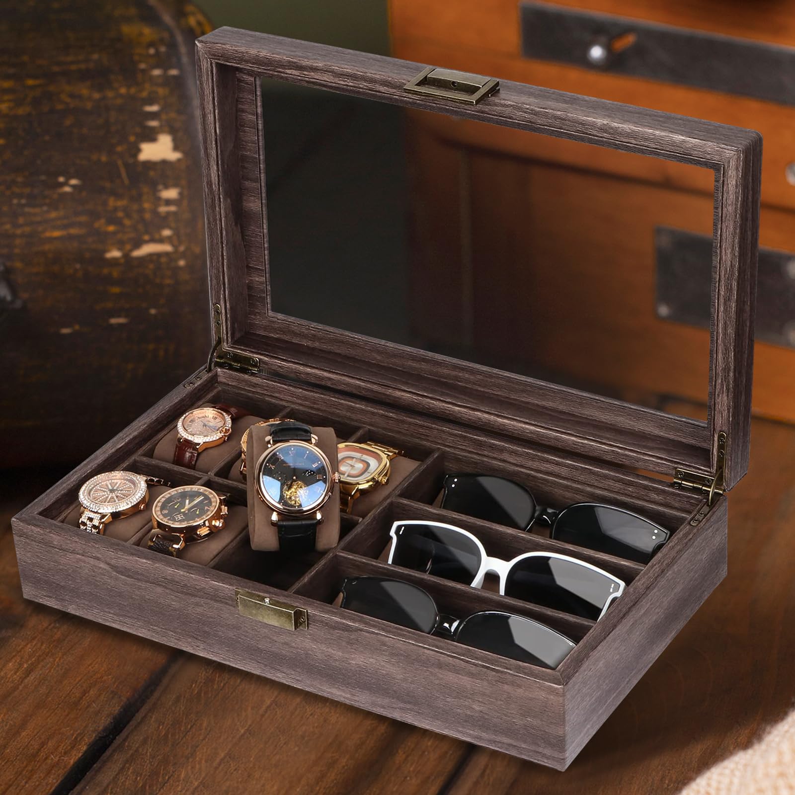 Bois Boîte à lunettes en Cuir Écrin Boîte Montres pour 6 montres et 3 pièces de Rangement lunettes de soleil (39 * 21.5 * 8.5cm)