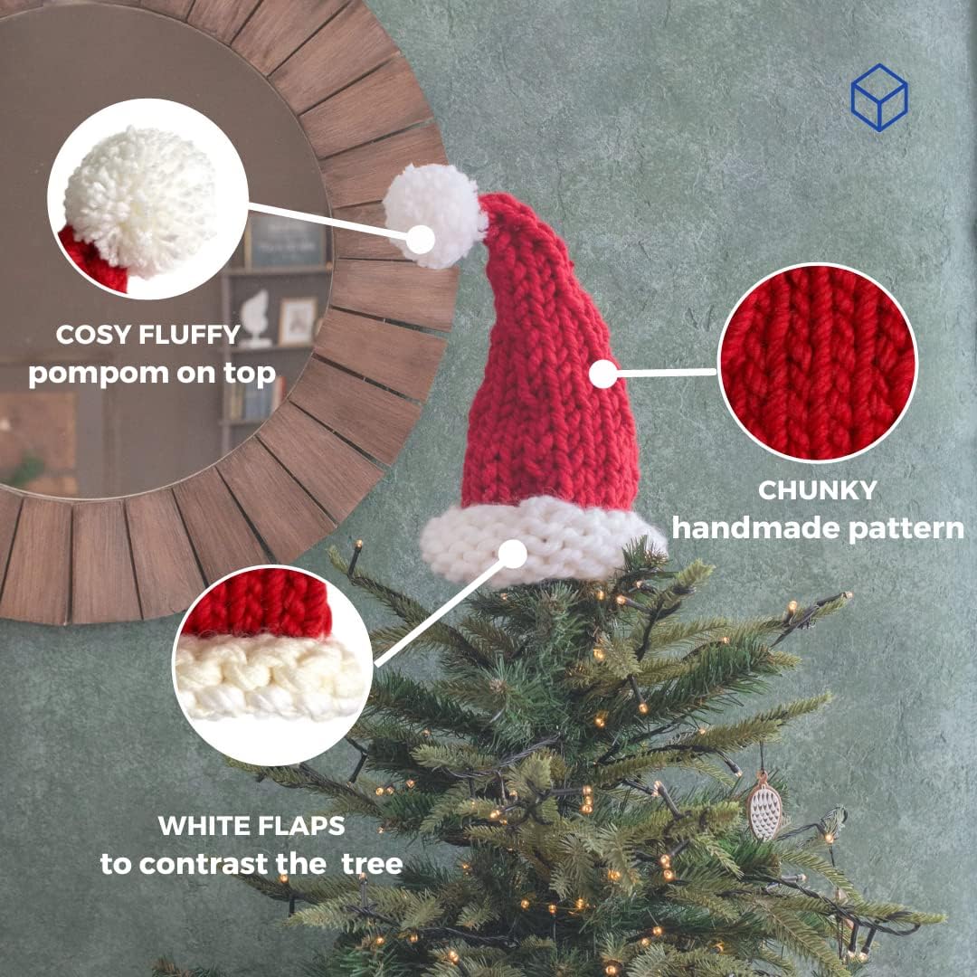 Christmas Tree Topper – Chunky Knit Red Santa Hat – Soft Handmade Holiday Decoration – Cozy Xmas Tree Hat by Anzy Home - Image 6