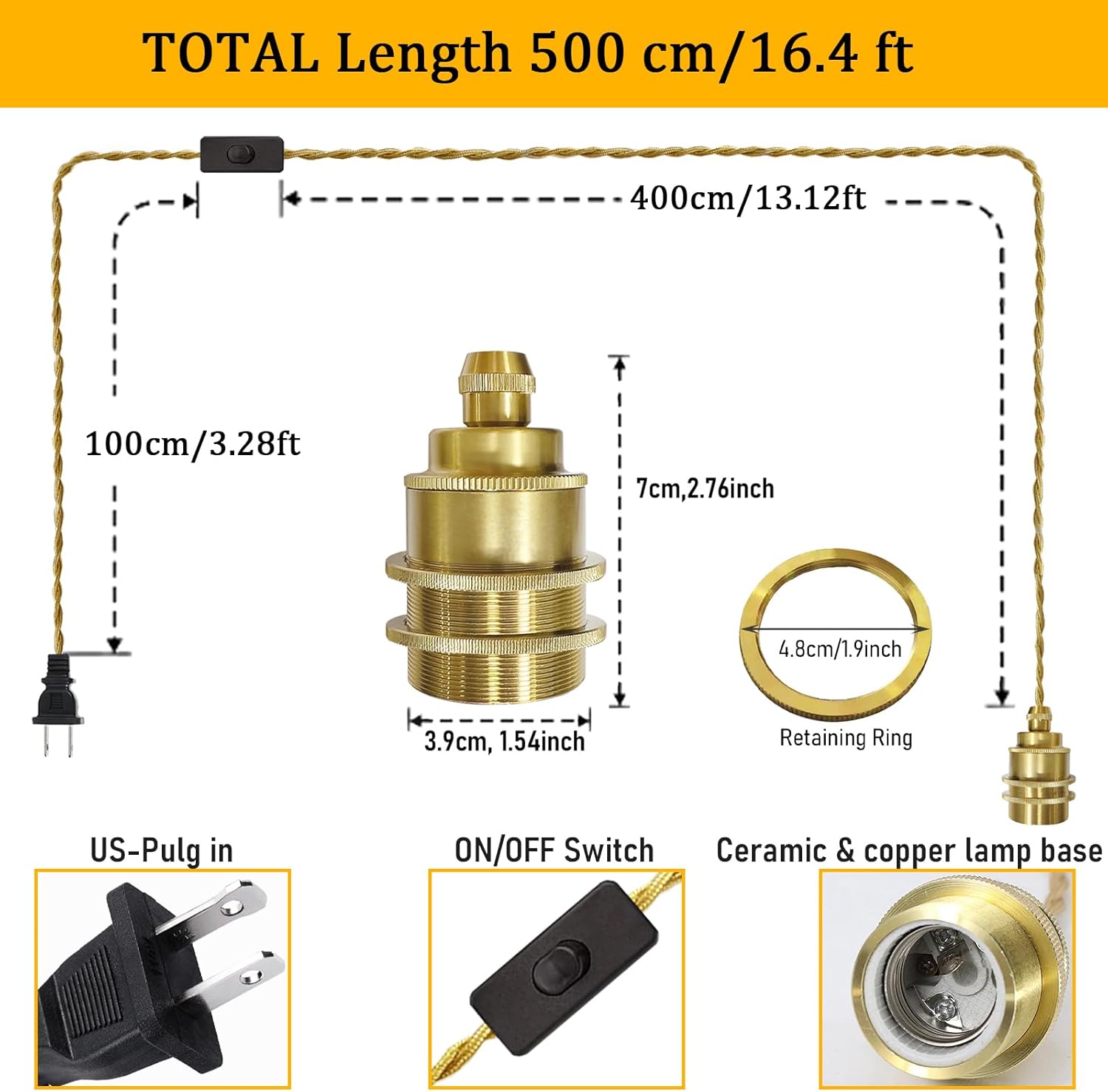 2Pack Gold Plug in Pendant Light Cord 16.4ft Hanging Lights Fixtures with Plug in Cord Rope Pendant Lamp Kit with Switch Vintage E26 DIY for Bedroom Living Room, Bulb Not Included