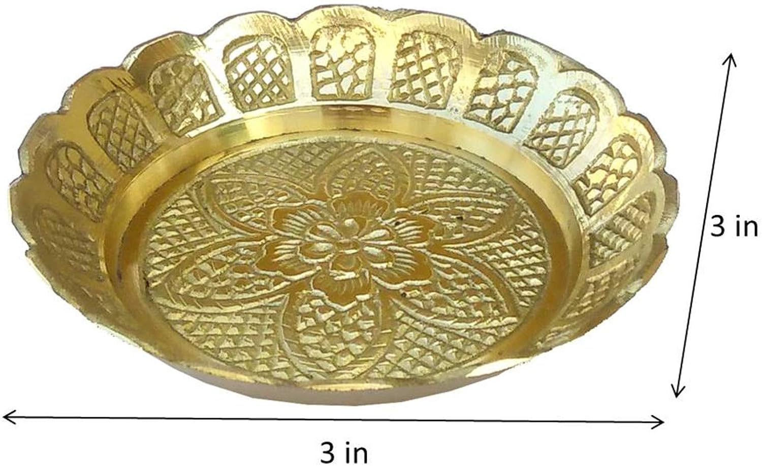 Purpledip Brass Puja Bowls Plate Katori: for Small Puja Items, 3inch, Set of 2 (12240)